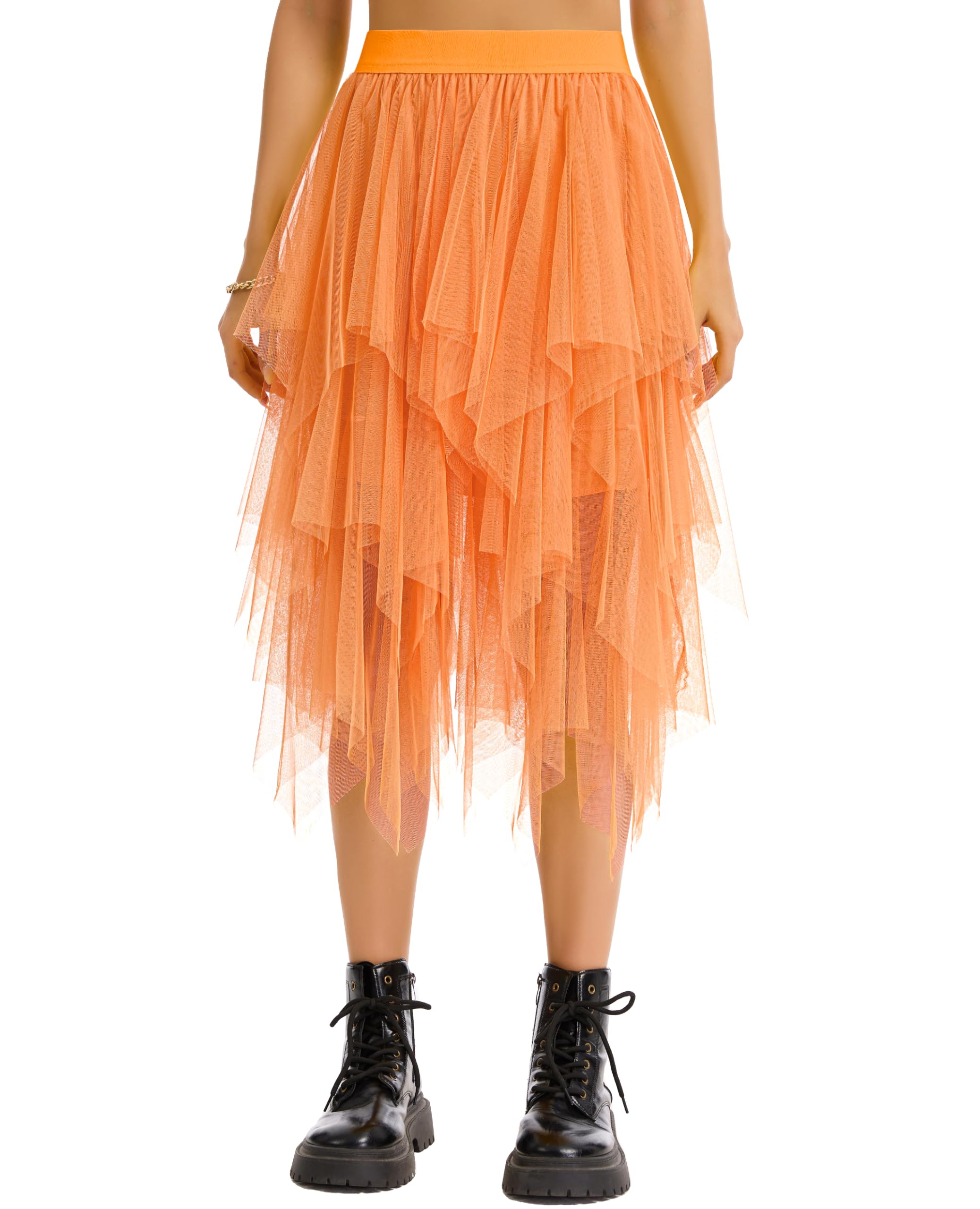 Lovasy Tüllrock Damen Schwarz Knielang High Low Layered Faltenrock Midi Rock A-Linie Unregelmäßiger Puffy Fee Röcke