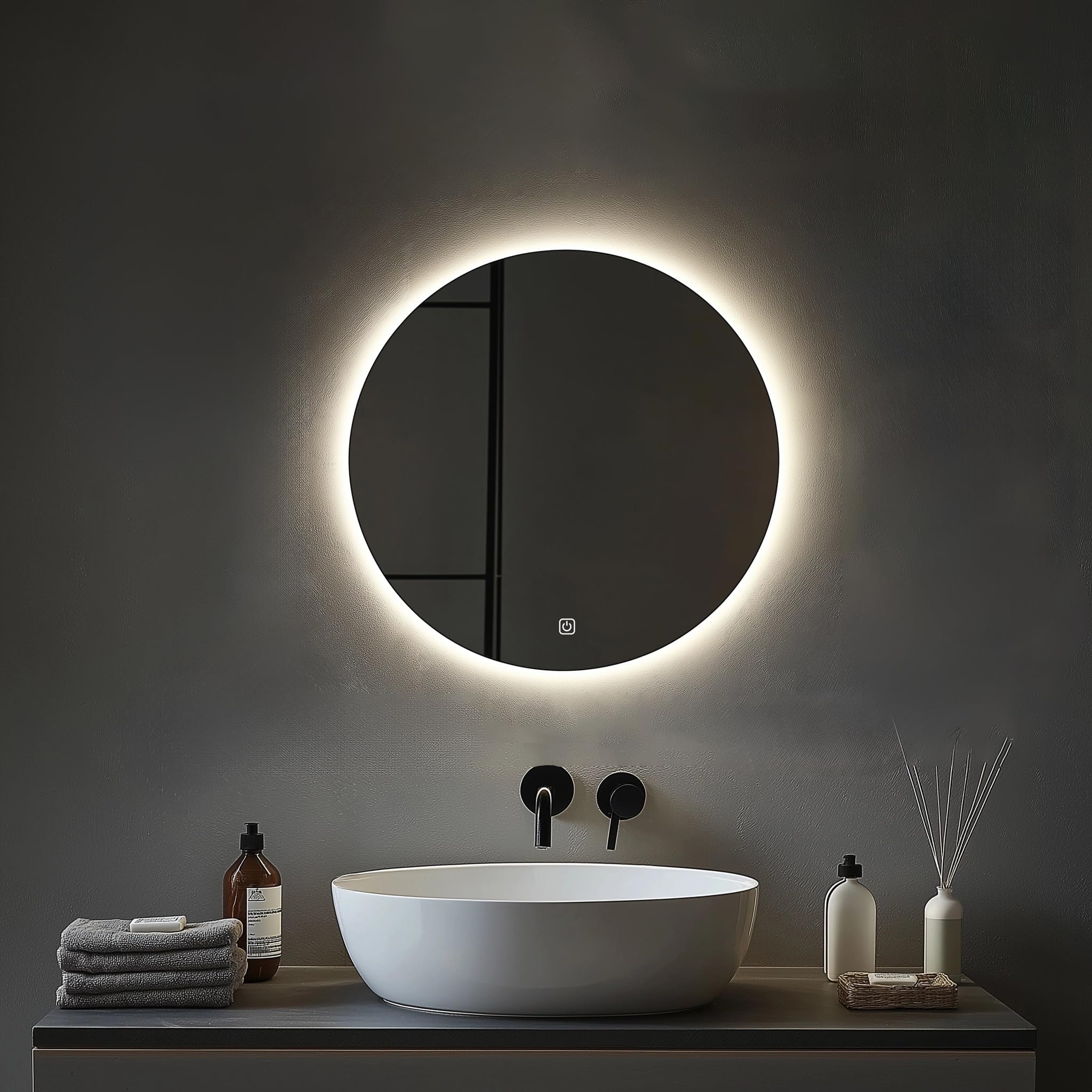 Round Bathroom Mirror with LED Lights, Smart Wall Mounted Vanity Mirror with 3 Colors, Memory, Stepless Dimmable, Backlit Illuminated Makeup Mirror over Sink IP54 (Single Switch) (50L x 50W cm)