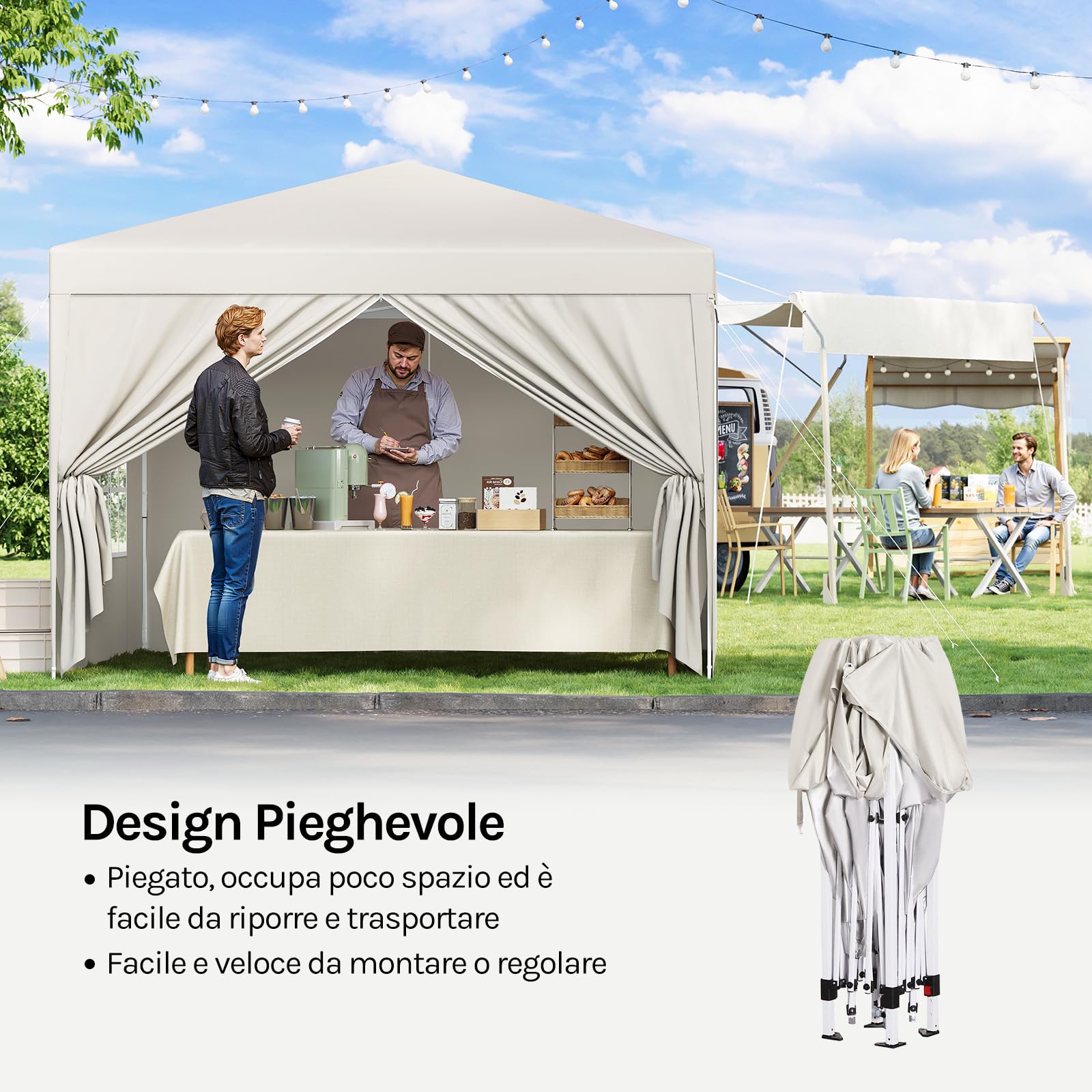 WOLTU Gazebo da Giardino Richiudibile 3x3m Gazebo da Esterno Ferro Regolabile in Altezza Tendone Pieghevole con Telo Impermeabile, Protezione Solare, Facile Montare Beige