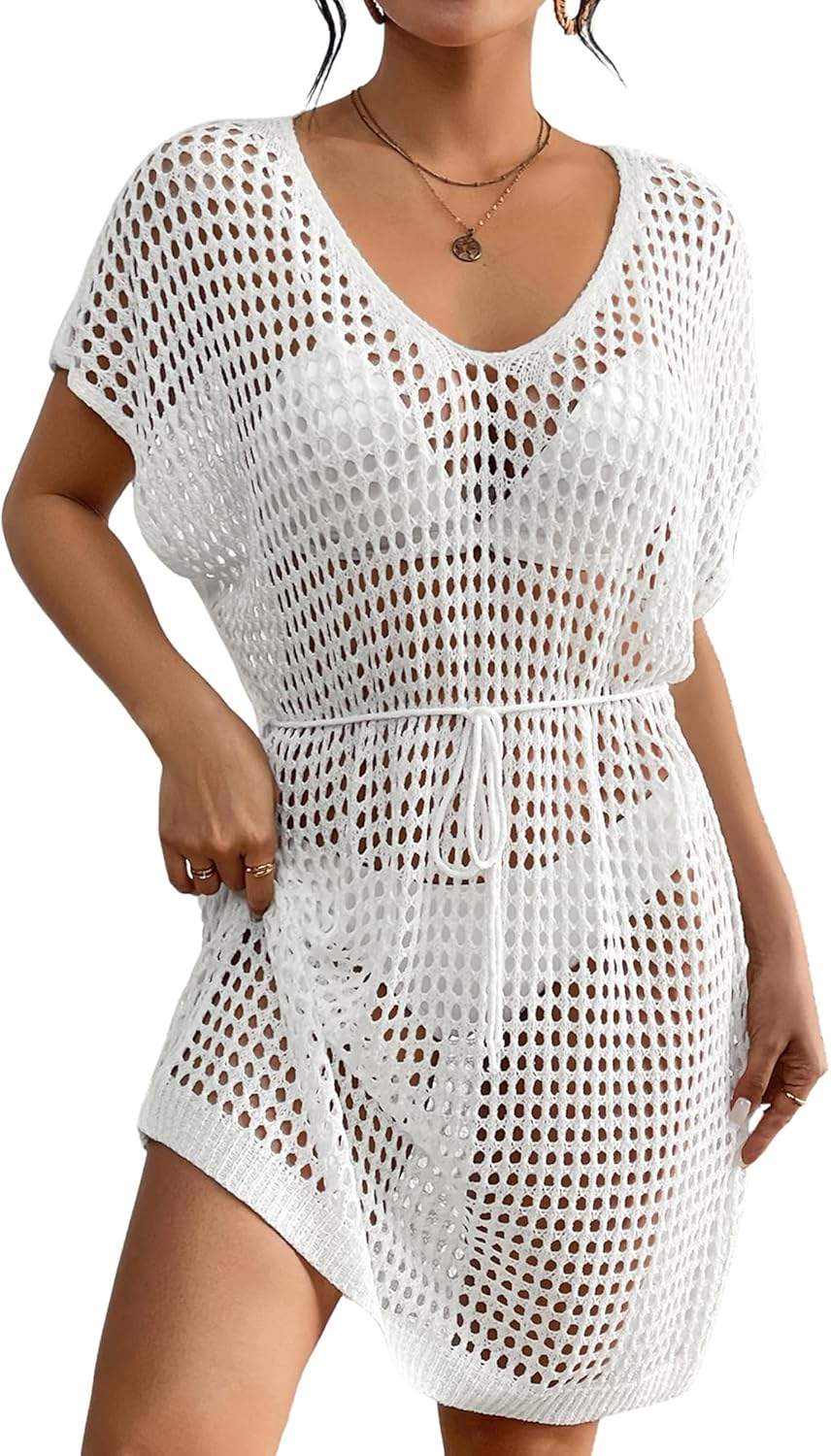 Bsubseach Swimsuit Coverup for Women — Sexy Crochet Bathing Suit Cover Up Swimwear 2025 — Mesh Beach Dress Vacation Outfits (White, Medium)