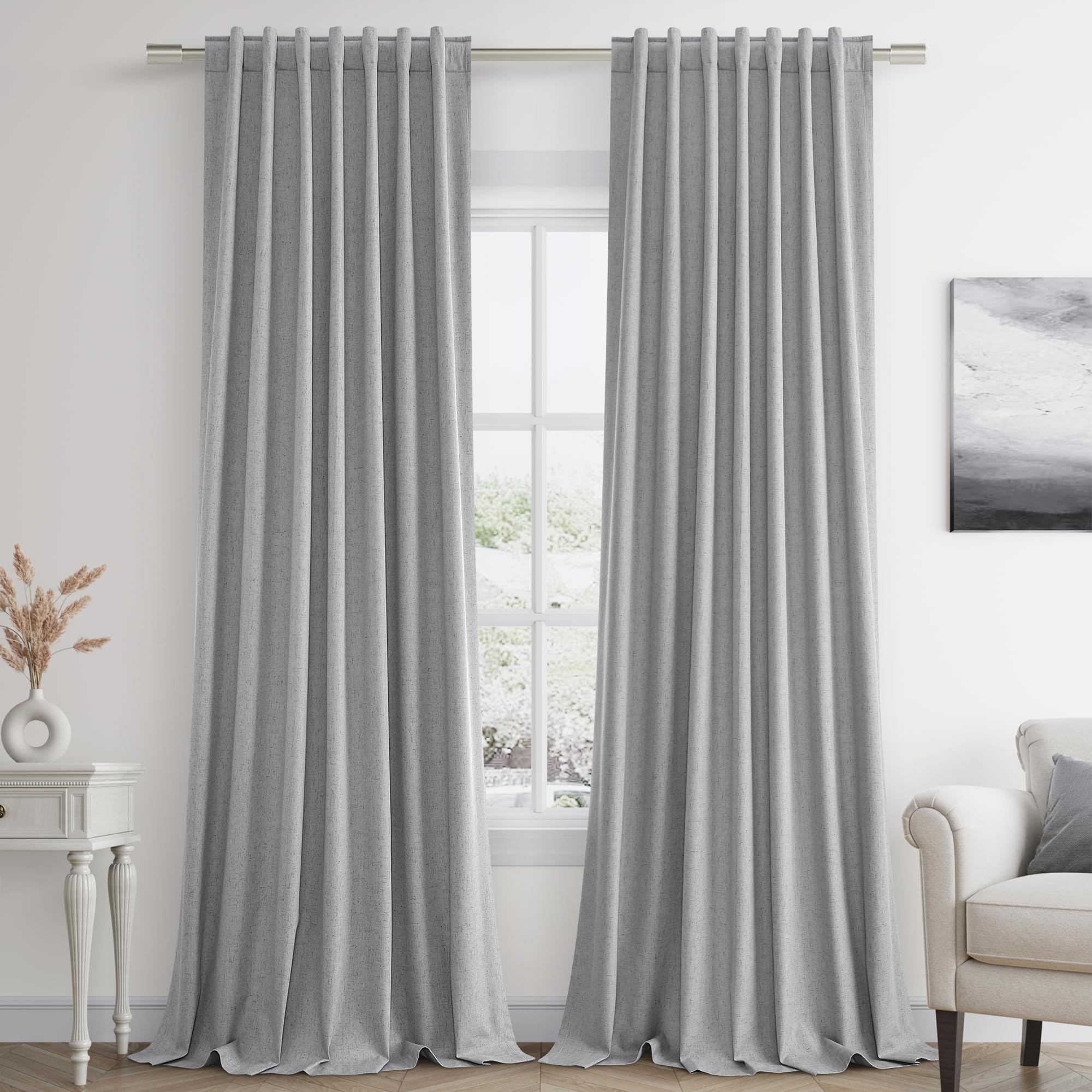 Guken Grey 100% Blackout Curtains 120 Inch Length 2 Panels Set for Living Room Bedroom Back Tab Thermal Insulated Black Out Linen Drapes Room