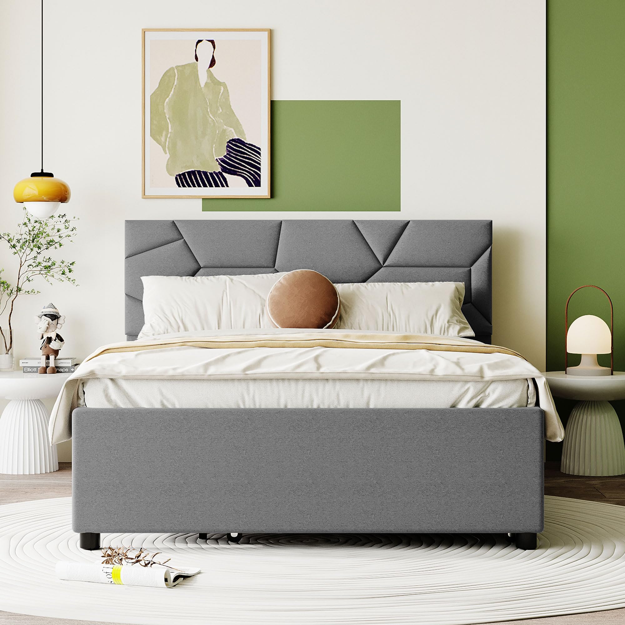 Livavege Upholstered Bed Frame Full Size with Twin XL Trundle on Wheels, Linen Fabric Full Platform Bed Frame w/Headboard, Brick Pattern Design, Home Furniture Super Save Space & No Box Spring Need