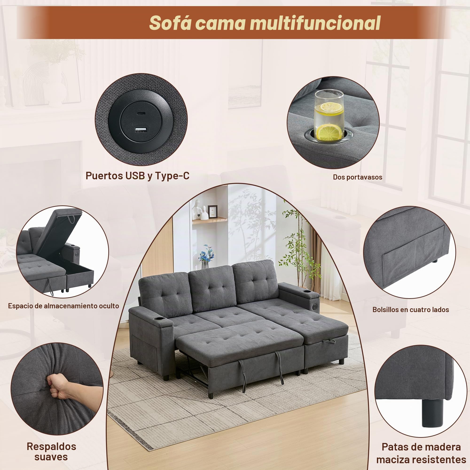 Sofá cama de 3 plazas, 208 × 146 cm, sofá plegable con espacio de almacenamiento y barra de luz LED, sofá con USB y tipo C, soporte para bebidas y bolsillos laterales, sofá esquinero en