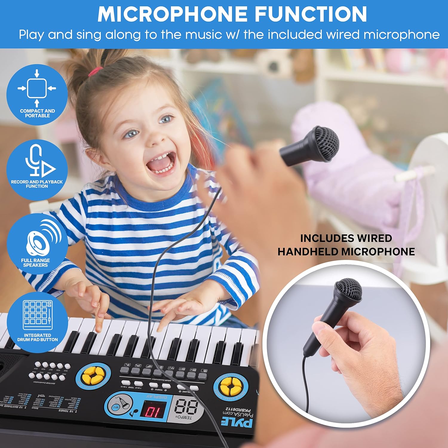 Child singing into the wired microphone connected to the Pyle keyboard, highlighting the microphone function and other features