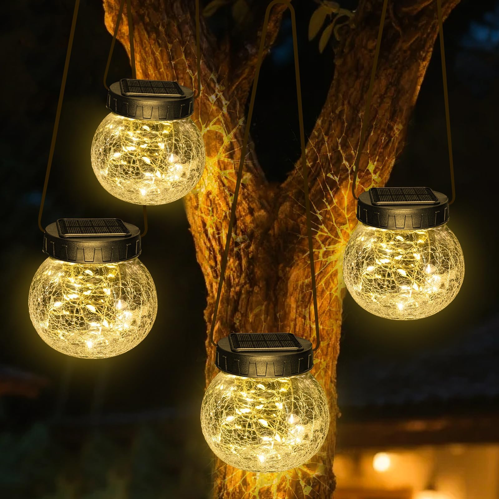kolpop Paquete de 4 faroles solares para exteriores, linternas solares cálidas, bolas de vidrio agrietado, impermeables, decoración solar de jardín, luces de patio