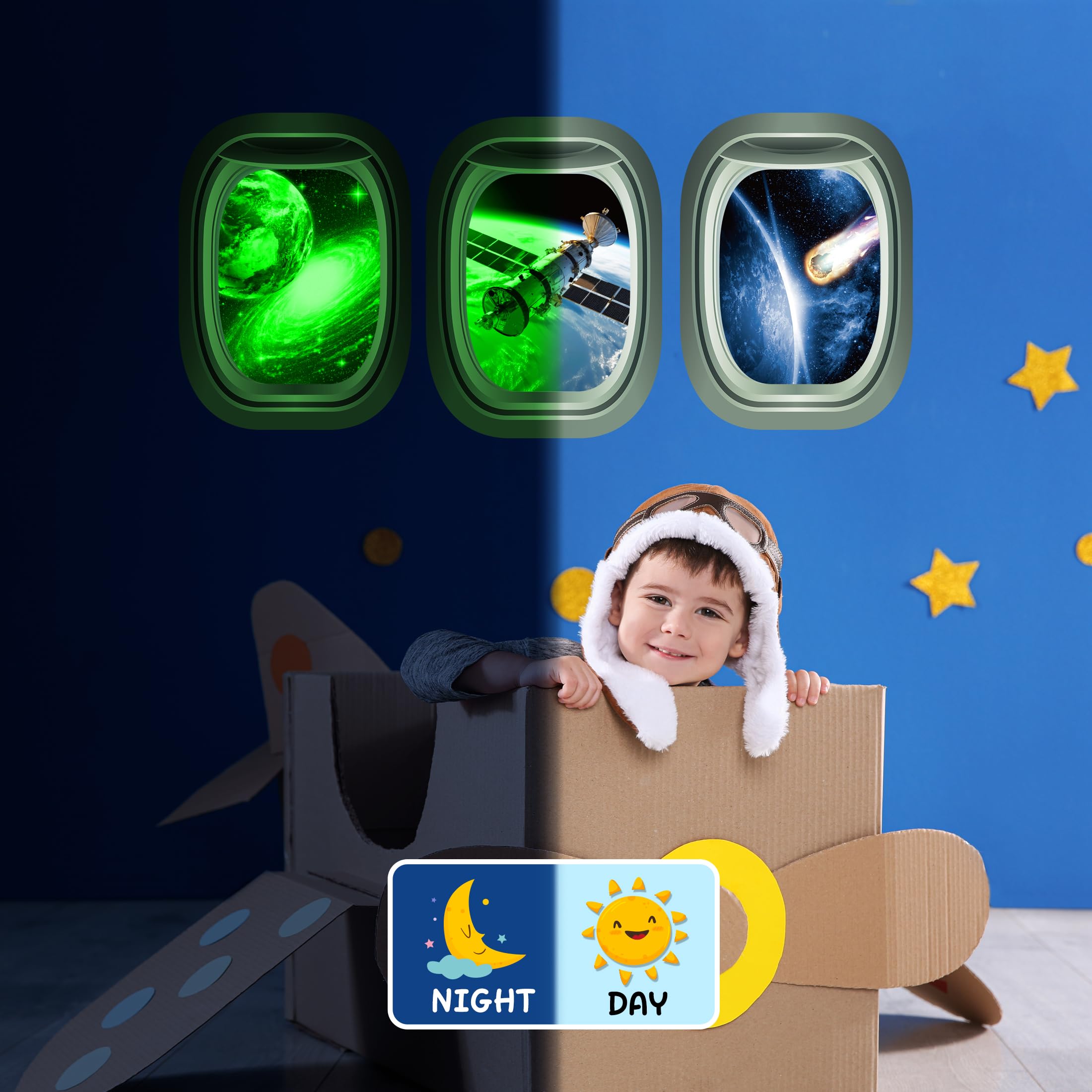 Calcomanías de pared 3D de galaxia que brillan en la oscuridad, juego de 3 calcomanías de planeta cápsula, calcomanías falsas de estrella para ventana, calcomanía de pared para habitación de