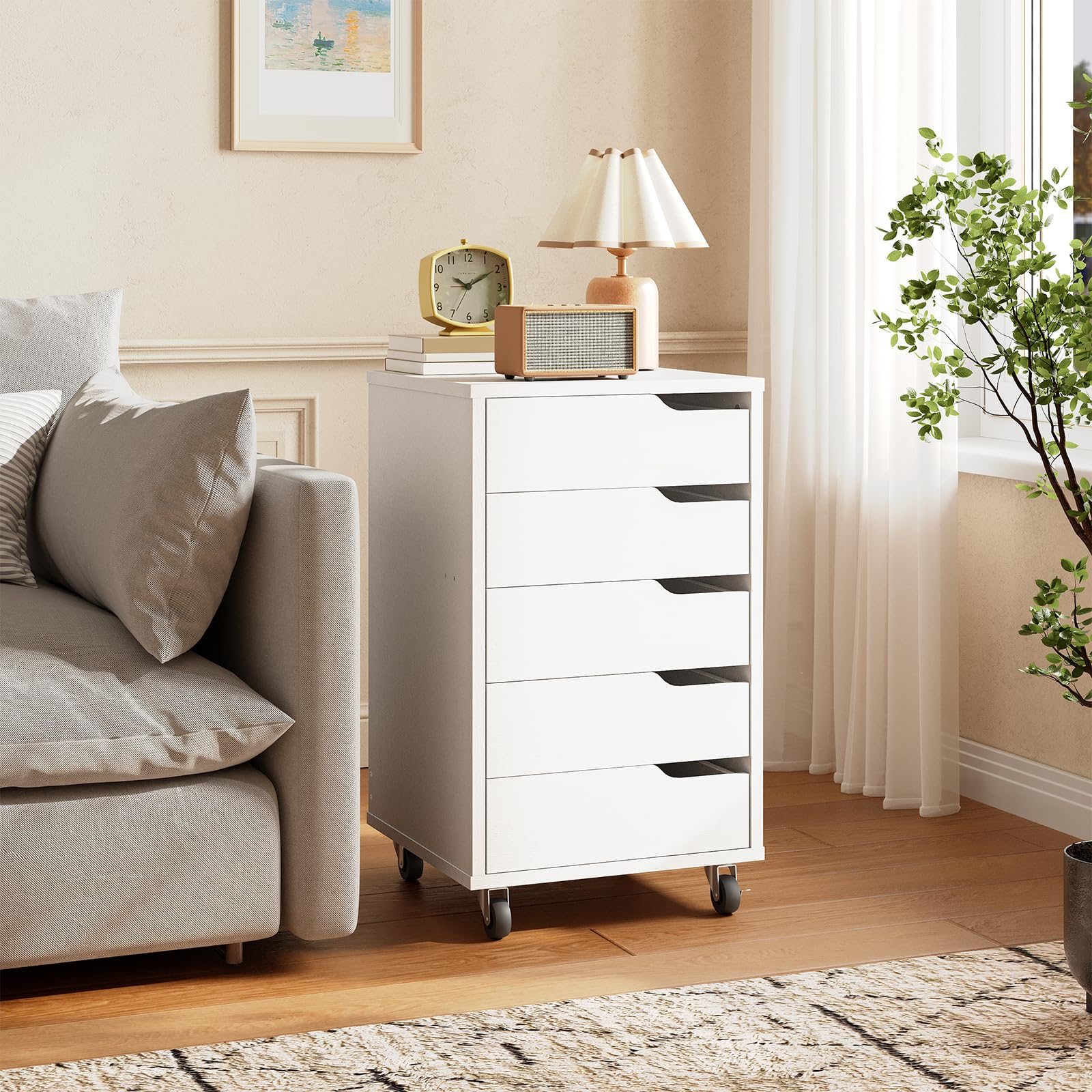 HOOBRO Rollcontainer mit 5 Schubladen, mobiler Aktenschrank mit 4 Lenkrollen, Schubladenschrank, Büroschrank, Bürocontainer, Schreibtisch Unterschrank für Arbeitszimmer und Wohnzimmer, Weiß EWT15WJ01