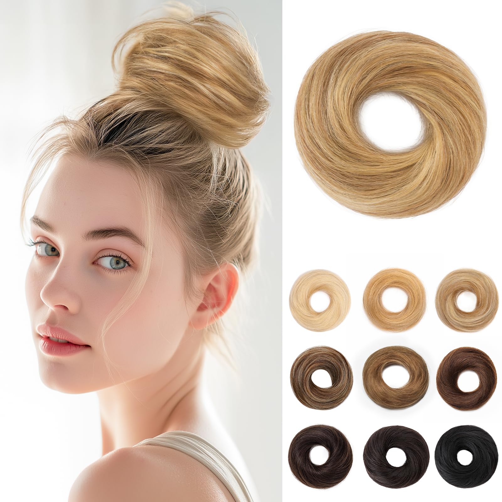 SEGOHAIR 17G Messy Bun Scrunchies Human Hair Straight Donut Hairpiece for Women Girls Dark Linen Mixed Bleach Blonde Hair Bun Maker Elastic Real Remy Donuts Updo Chignon