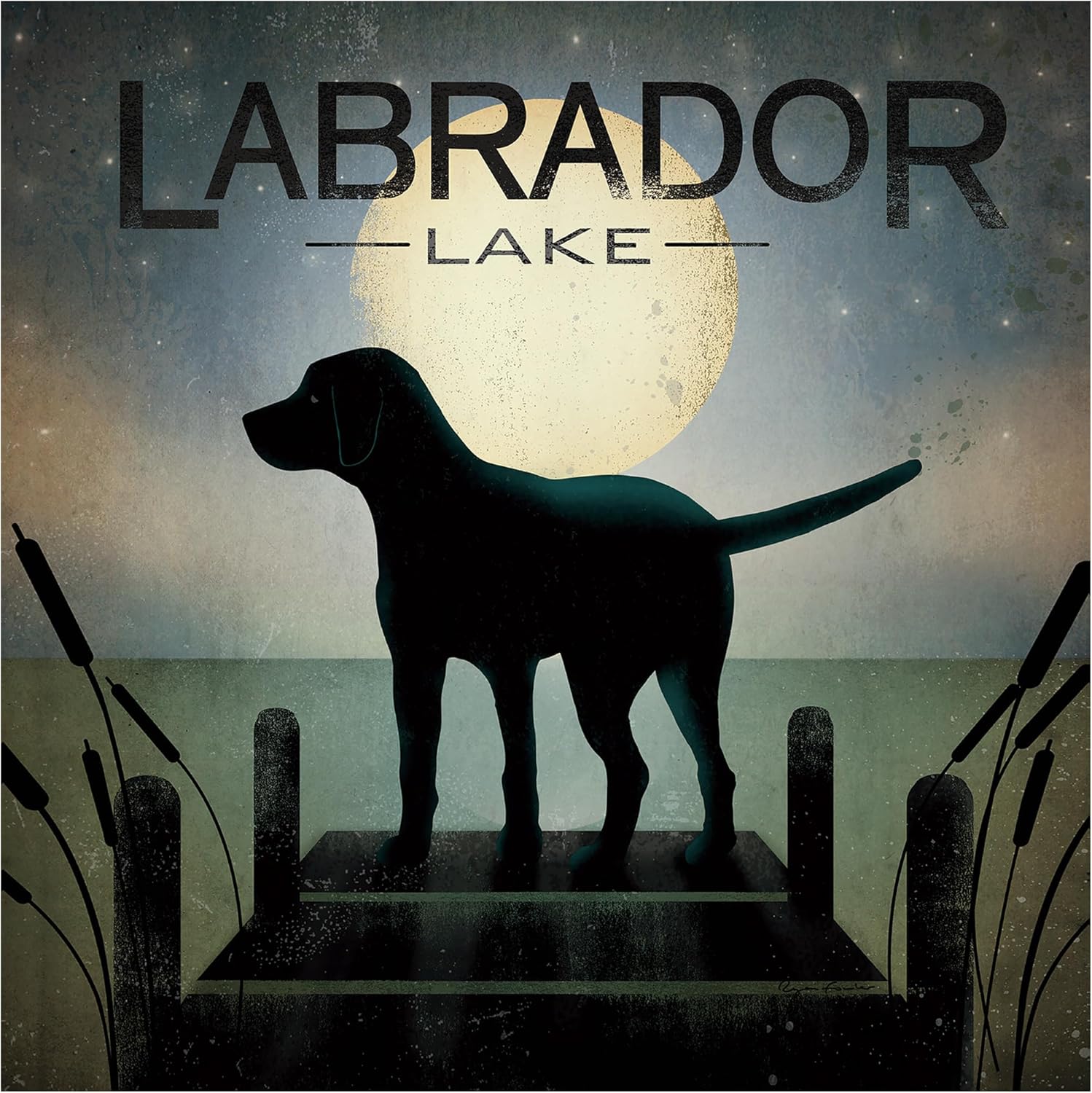Wrapped Canvas Wall Art - Ryan Fowler 'Moonrise Black Dog Labrador Lake' Wall Art for Living Room, Bedroom, or Office Décor - 24x24