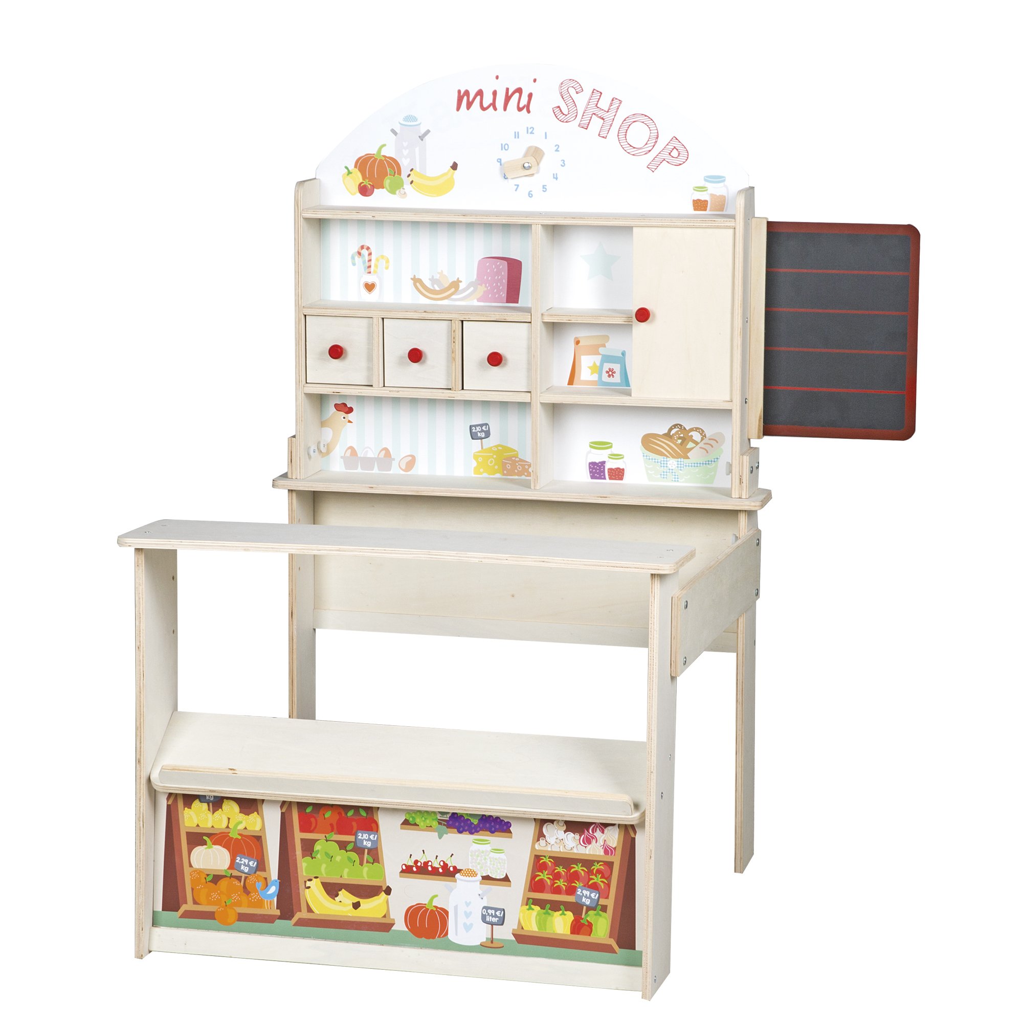 roba Kaufladen Minishop, inklusiv Zubehör, Kasse, Holz natur, Theke, Tafel, Schiebetür und Bedruckung, Natur und Weiß