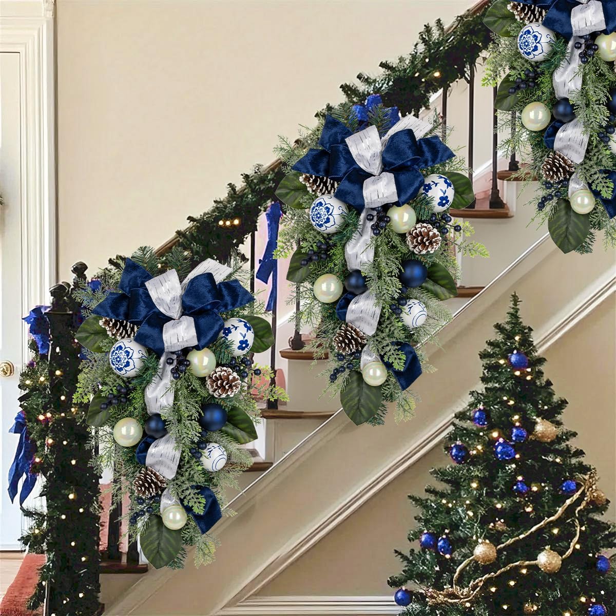 Hollyone Blue Christmas Swag 29" Christmas Wreath with Bow Swags for Decorating Outdoor Indoor Teardrop Swag for Front Door Window Swags with Pine Cone Bow Xmas Ball Ornament Wall Home Hanging Decor