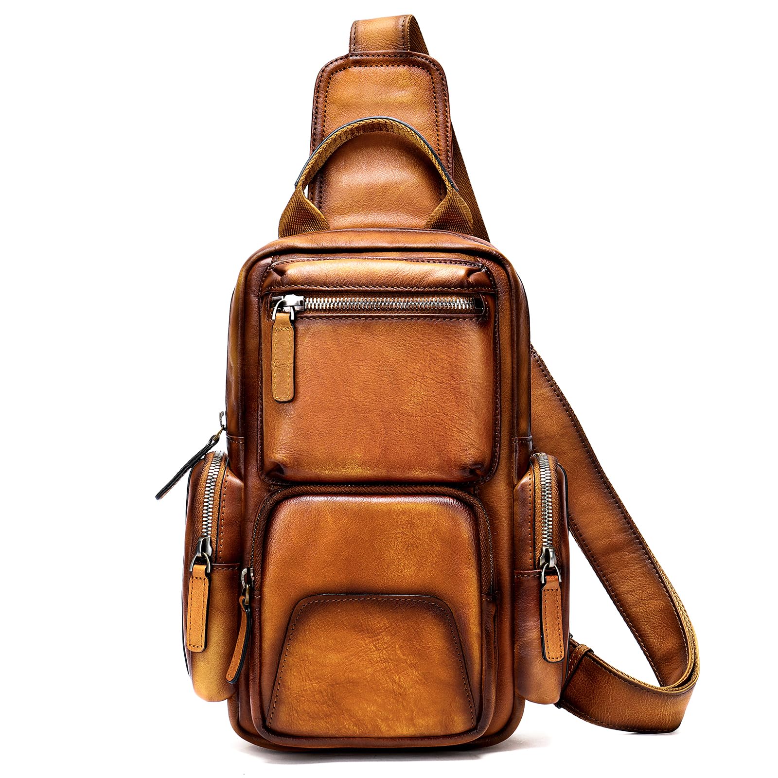 NIUCUNZH Genuine Leather Sling Bag Vintage Handmade Crossbody Bags Shoulder Backpack Hiking Daypack Travel Pack Brown