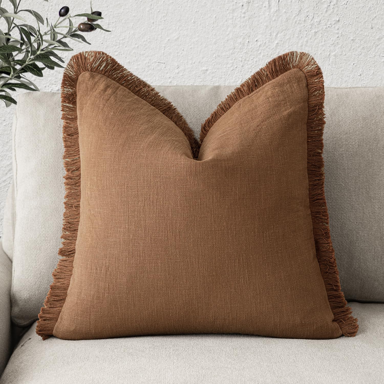 Foindtower Decorative Linen Fringe Throw Pillow Covers Cozy Boho Farmhouse Cushion Cover with Tassels Soft Accent Pillowcase for Chair Sofa Bed Living Room Home Decor, 24×24 Inch, 1PC,Orange Brown