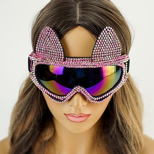 Miniatura 6 de BEYOND MASQUERADE B Gafas de esquí para mujer, gafas de cosplay con orejas de conejo, máscara de esquí con diamantes de imitación brillantes