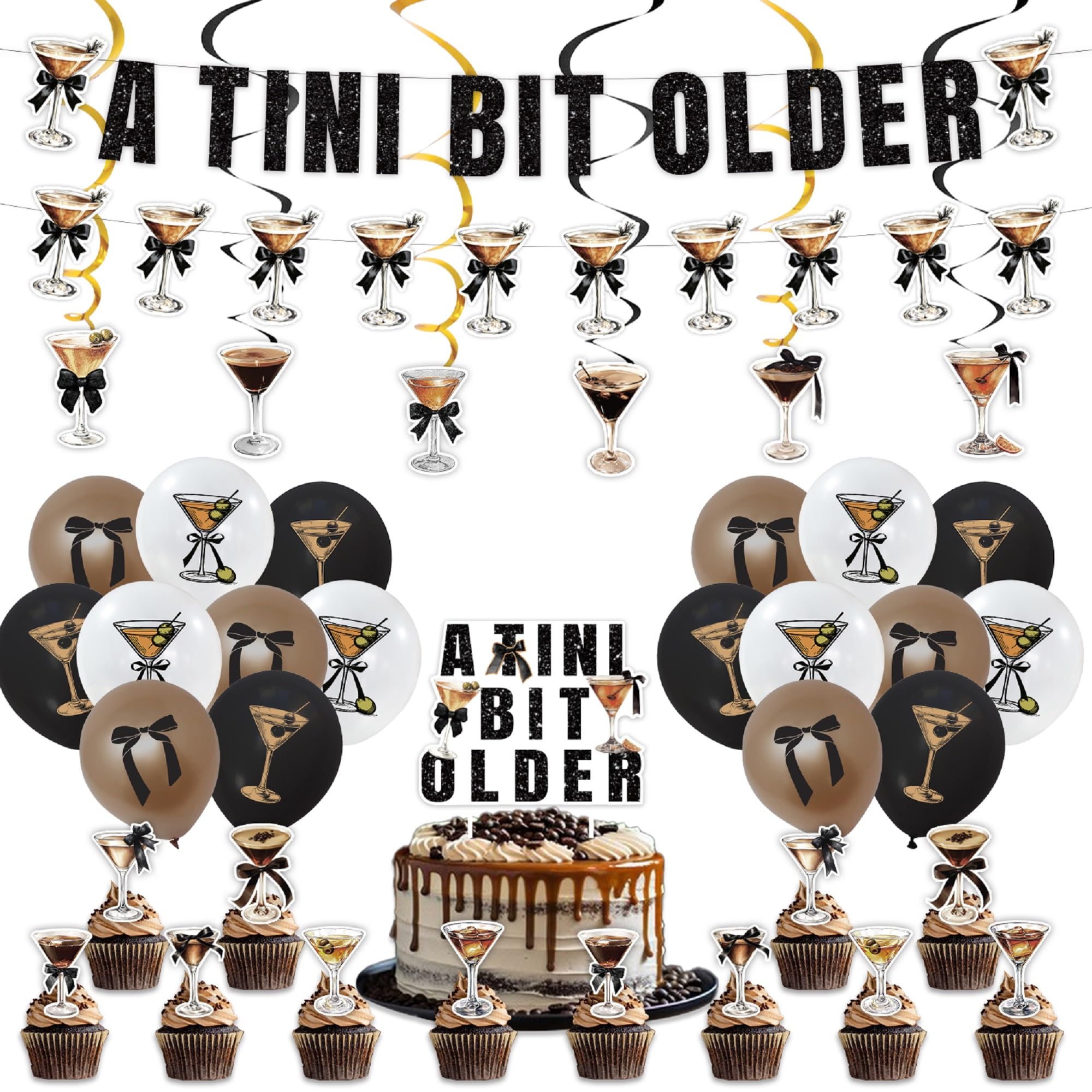 Espresso Martini Bow Birthday Party Decorations, A Tini Bit Older Espresso Banner, Cake Topper, Olive Espresso Balloons, Satin Ribbon Bow Decor for