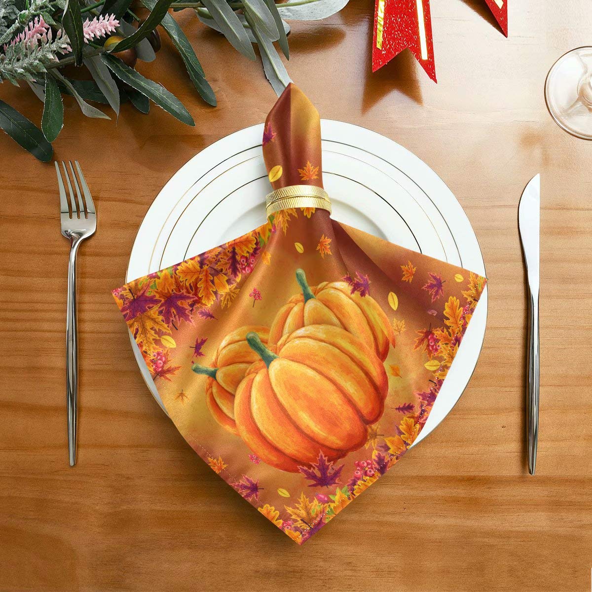 Pfrewn Autumn Pumpkin Maple Leaf Cloth Napkins Set of 6 Fall Sunflower Dinner Napkins Solid Washable Reusable Polyester Table Napkins Oversized 20