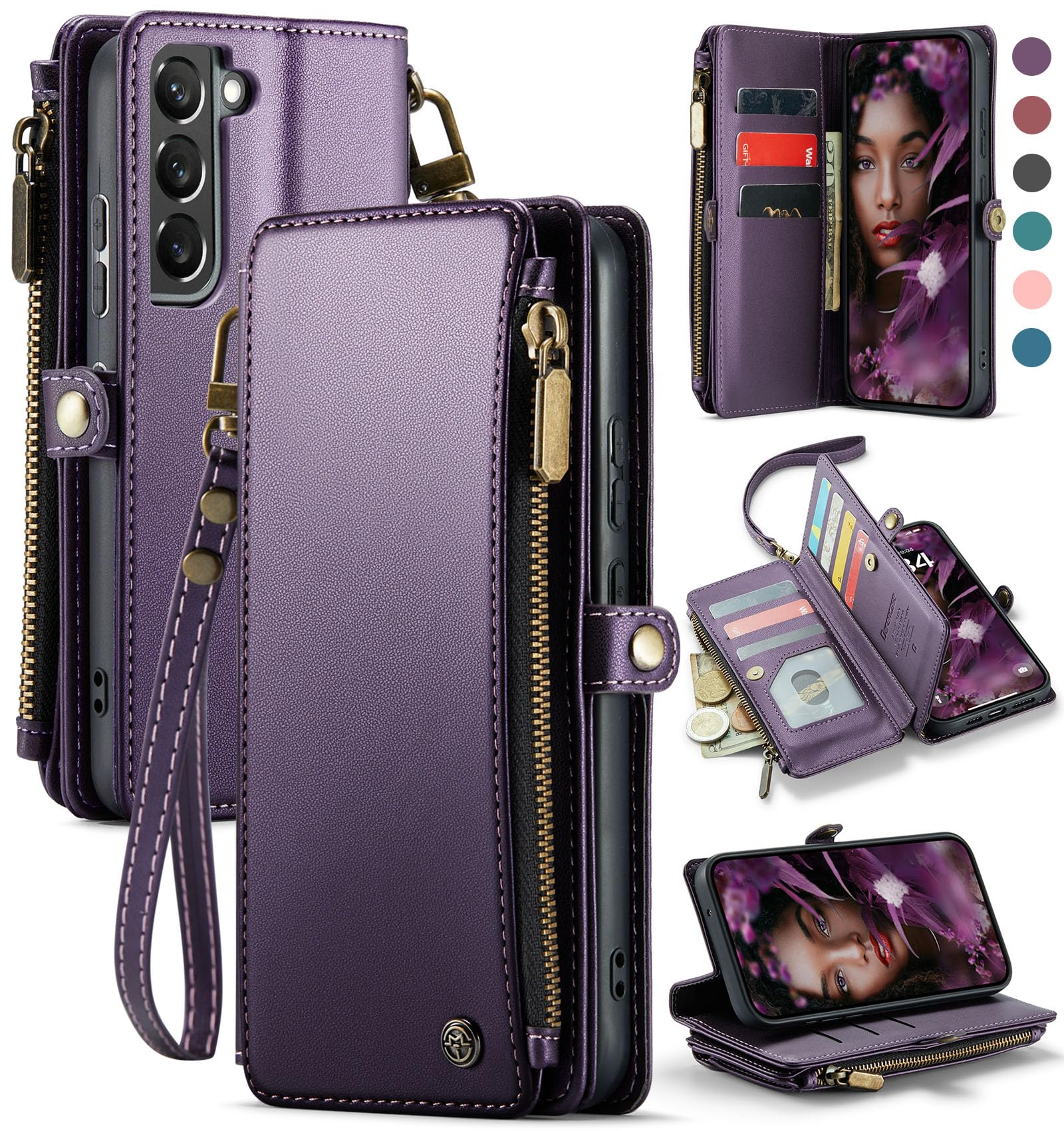 Defencase Compatible with Galaxy S21 FE 5G Case Wallet with RFID Blocking Card Holder for Women Men, PU Leather Magnetic Snap Flip Zipper Strap Phone Case Fit for Samsung Galaxy S21 FE 5G, Purple