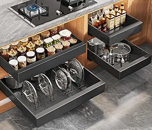 4Pack Expandable Pull Out Cabinet Organizer 21"Deep With Raising Pad for Framed Cabinets,Slide Out Drawers with 4pcs Divider Racks,Roll Out Shelves Adhesive,Adjustable Width 12.05"-20.4"Black
