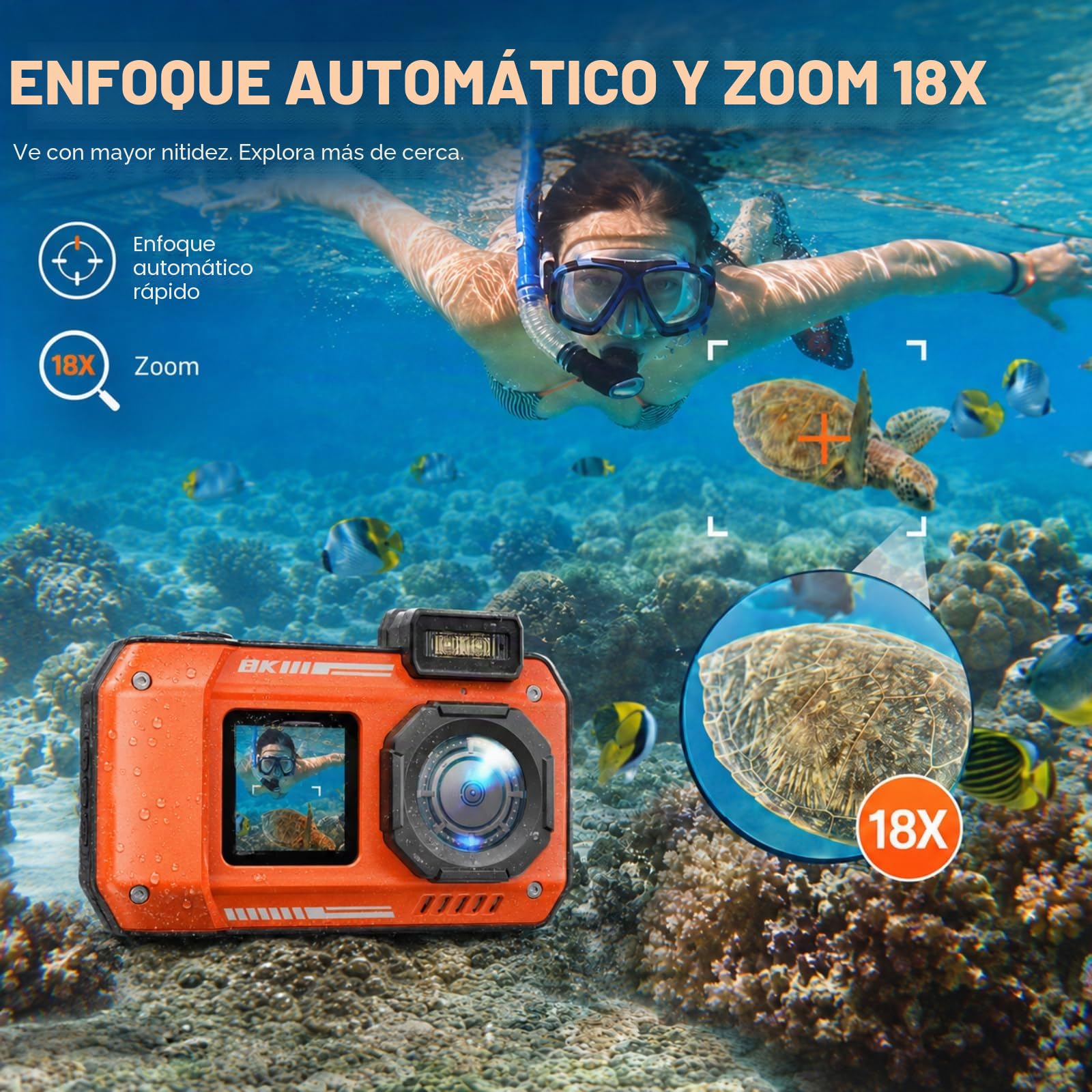 MaxMango D50 33FT Cámara Digital Impermeable, 8K 70MP Cámara Acuática con 16 GB, Cámara de Fotos con 2.88" Doble Pantalla 18x, Resistente al Polvo y a los Golpes, Autofocus - Naranja