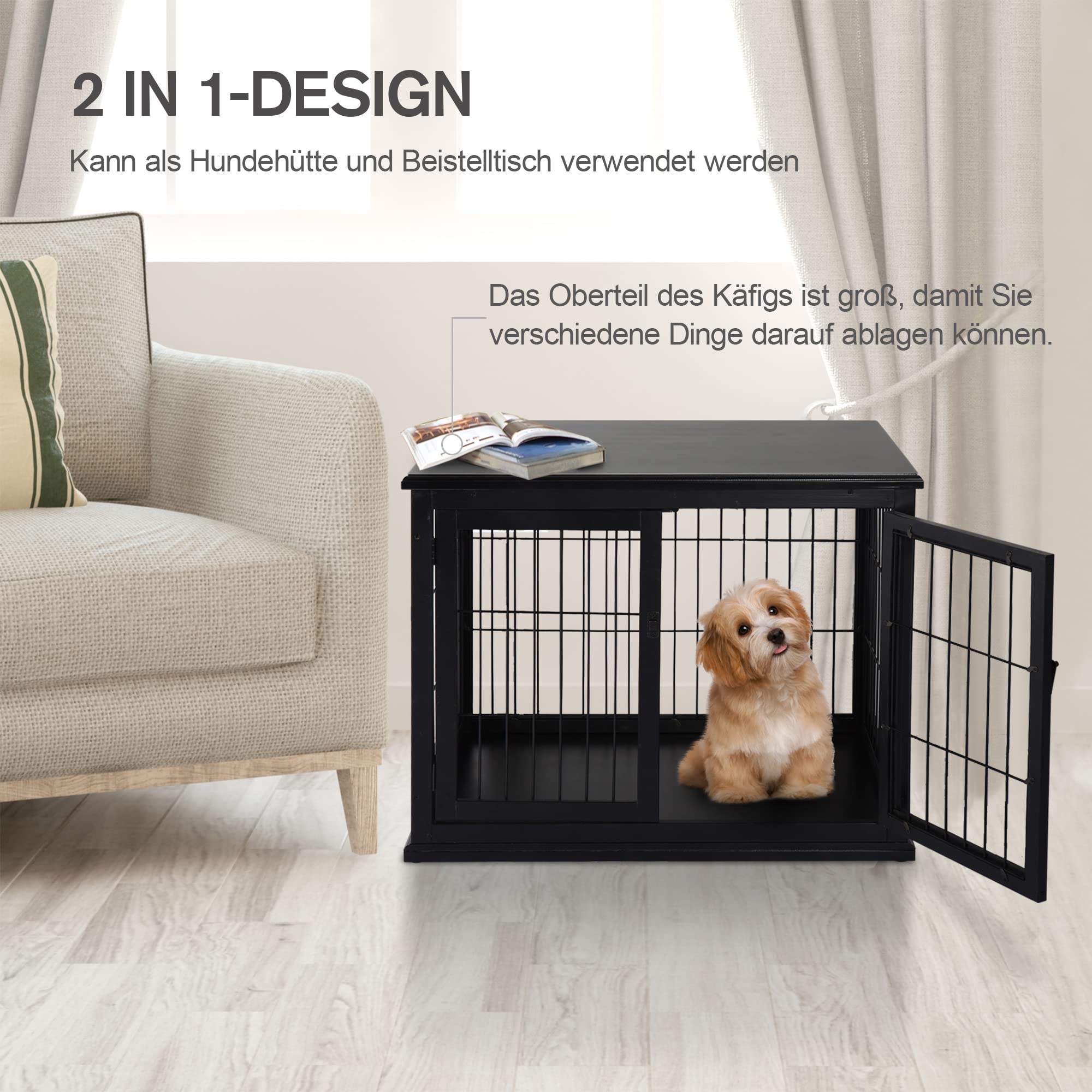 PawHut Klatka dla psa MDF 2 wejścia 58,5 x 81 x 66 cm czarna do 20 kg