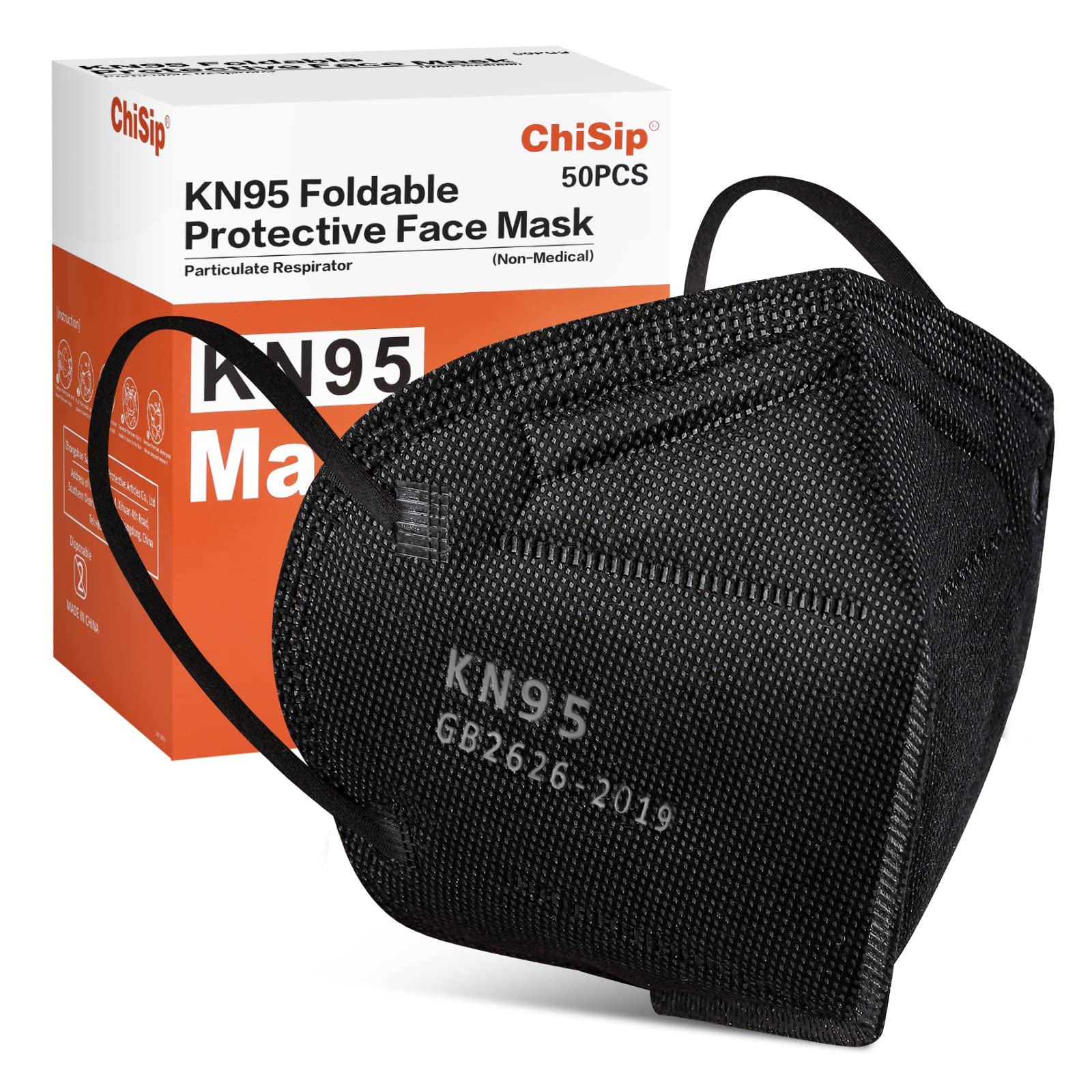 ChiSip Kn95 Face Masks 50 pack, Individually Wrapped Cup Dust Safety Masks 5 Layer Protection Mask for Adult, Men, Women, Indoor, Outdoor Use, Black