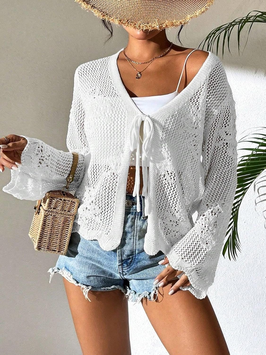 Urchics Womens Casual Cardigan Summer Beach Long Sleeve Hollow Out Tie-Front Crochet Cardigan - Image 5