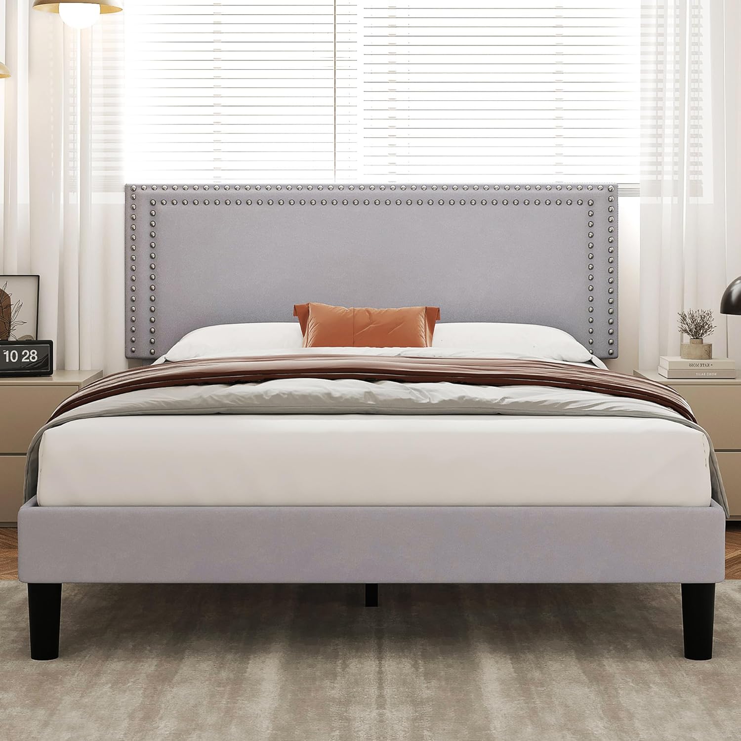 VECELO Full Size Bed Frame with Adjustable Upholstered Headboard, Wooden Slats Platform, Noise-Free Design, Easy Assembly