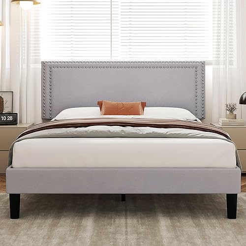 Miniatura 59 de VECELO Base de cama de tamaño matrimonial con cabecera tapizada ajustable, plataforma de listones de madera, diseño sin ruido, fácil montaje Negro