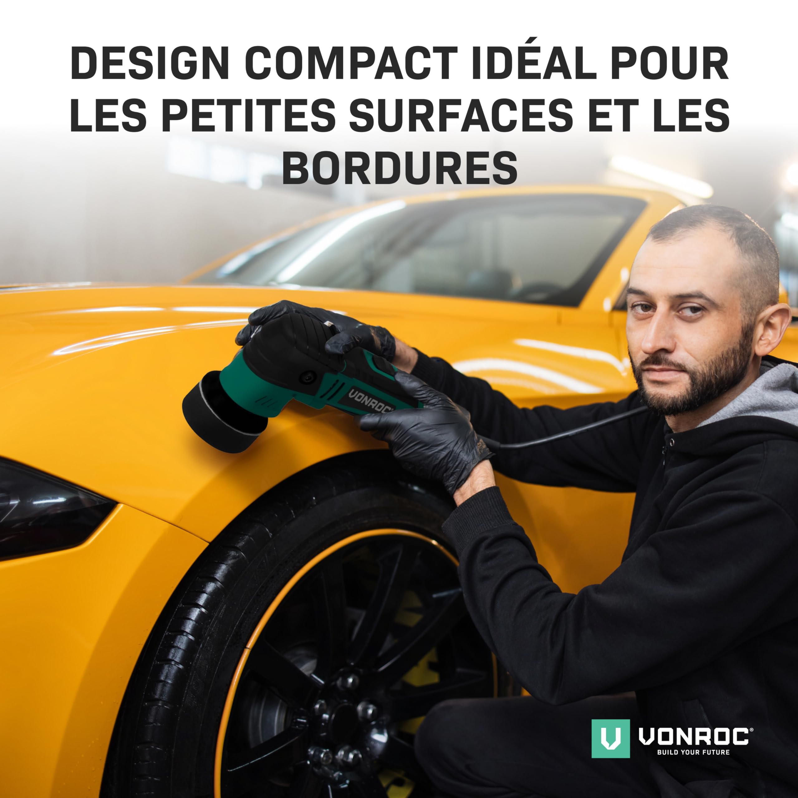 VONROC Polisseuse Double Action 400W - Ø50 mm et Ø75 mm - 2 Supports de Polissage et 2 Éponges de Polissage - Pour Carrosserie - Faites Briller Voitures, Motos, Bateaux - Démarrage Progressif