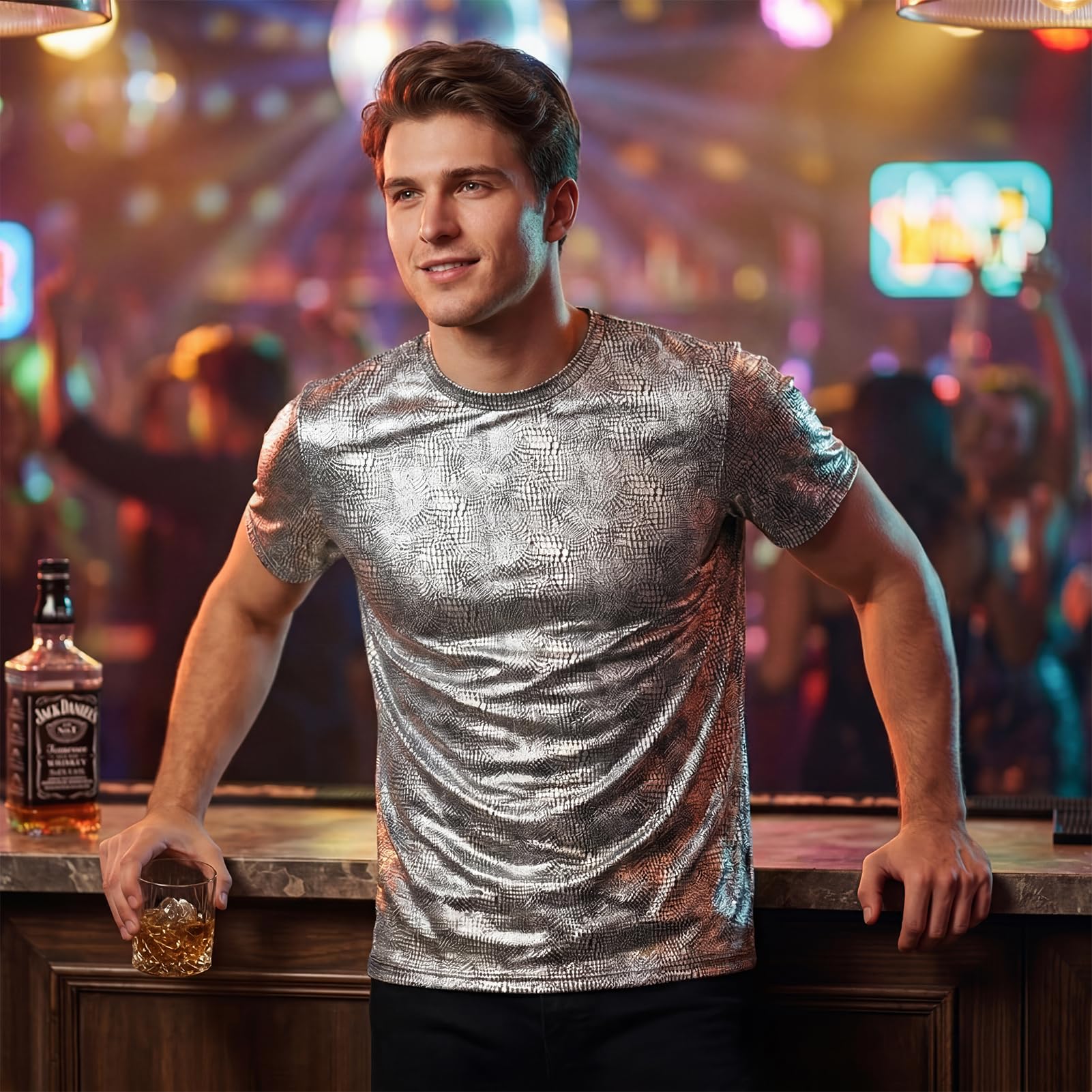 Camiseta para hombre: manga corta, camiseta de discoteca, festival, brillante, para fiestas | Camisa metálica con purpurina para hombre, para discoteca, festival de música
