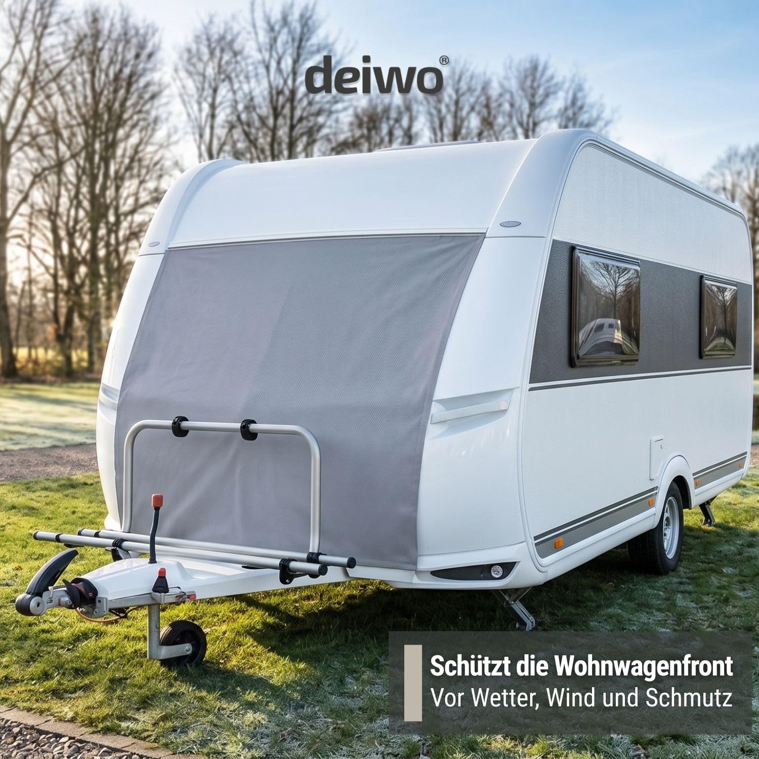 deiwo Bugschutzplane Wohnwagen 160-200 x 160 cm, wetterfeste Schutzplane für Wohnwagenfront und Deichselbox, Befestigung mit Kederschnur, Wohnwagen Abdeckung mit Spannringen (200 x 160 cm)