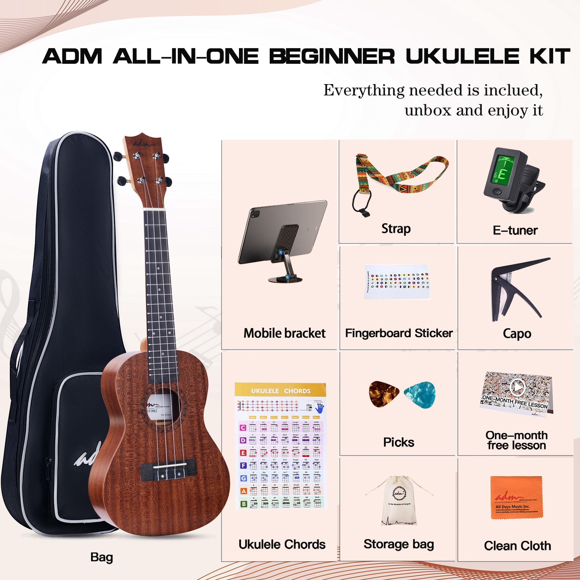 ADM Ukulele-Anfänger-Set, Mahagoni-Hawaii-Holz, Ukulelee-Set mit Ukulele, Starterunterricht für Kinder, Studenten und Erwachsene, Gelbbraun (Khaki, 58,4 cm)