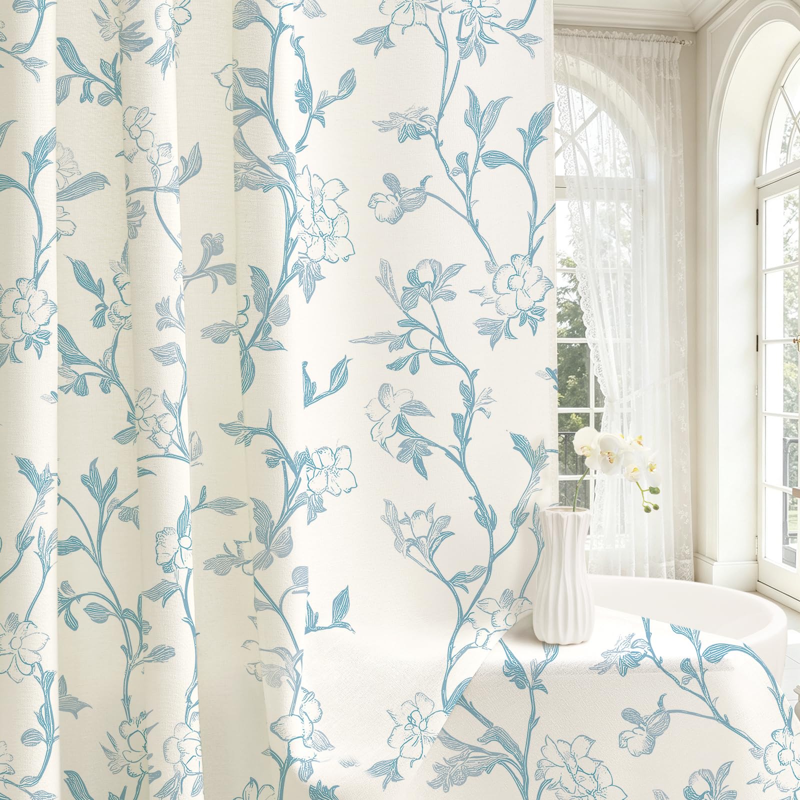 Light Blue Floral Cotton Shower Curtain, Cottage Farmhouse Style, 72x84