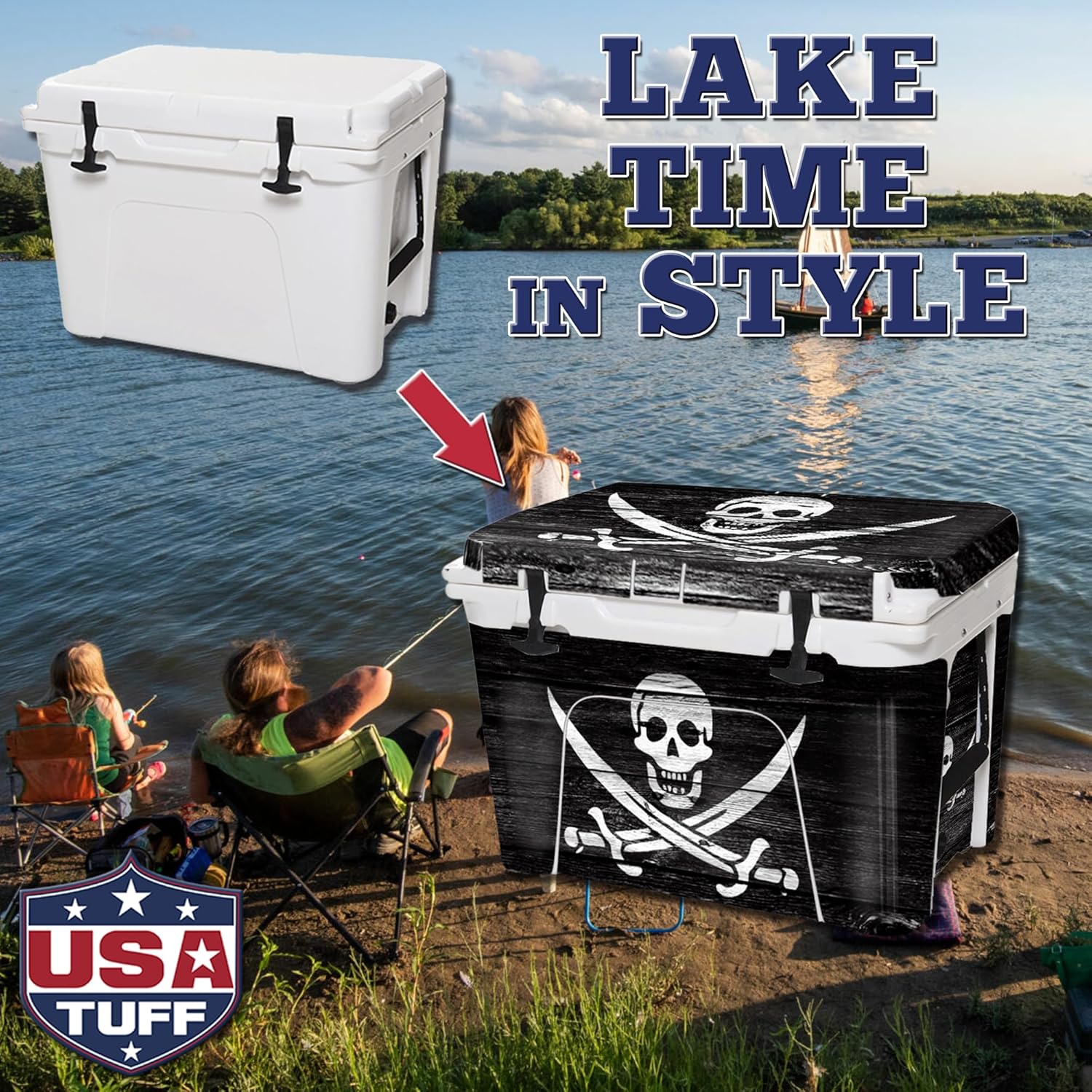 USATuff Vinyl Cooler Full Kit Compatible with YETI | Easy Peel & Stick Application Cooler Skin Decal Wrap | Durable Pre-Cut Pieces | Made for Outdoor Use - Pirate Flag