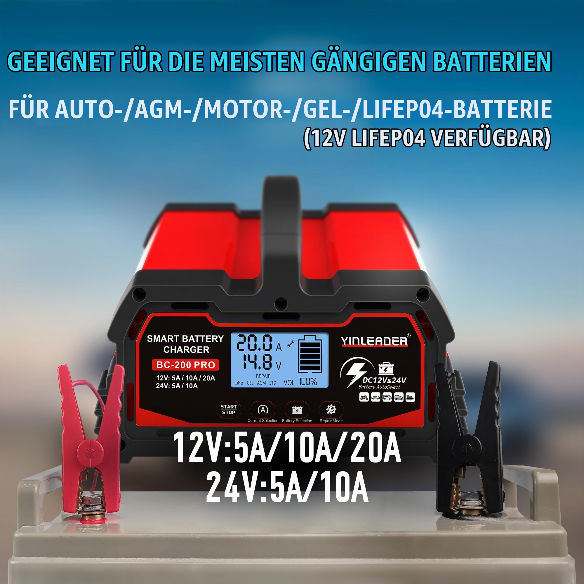 Autobatterie Ladegerät 20A 12V/24V Batterieladegerät Auto Intelligentes Erhaltungsladegerät mit LCD-Bildschirm, Ladegeräte für Autobatterien und Motorradbatterie
