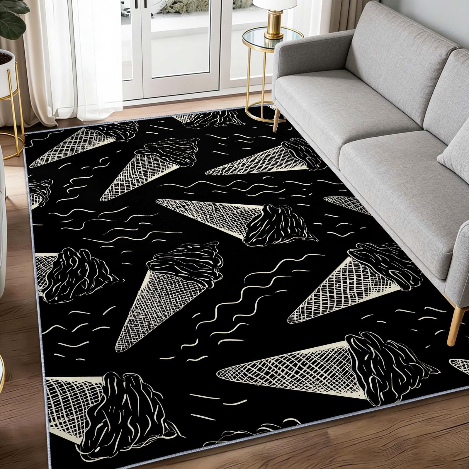 Generisch Nadający się do prania dywan do salonu, 140 x 200 cm, miękki, antypoślizgowy, z krótkim włosiem, czarny, nowoczesny dywan typu pop-art, lody, do sypialni, jadalni, pokoju dziecięcego, kuchni