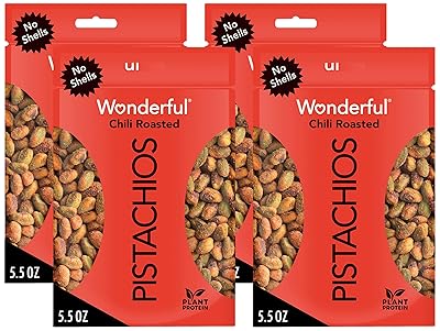Wonderful Pistachios No Shells, Chili Roasted Nuts, 5.5 Ounce Resealable Bag, Protein Snacks, Gluten Free Travel Snacks, Healthy Snack Pack of 4