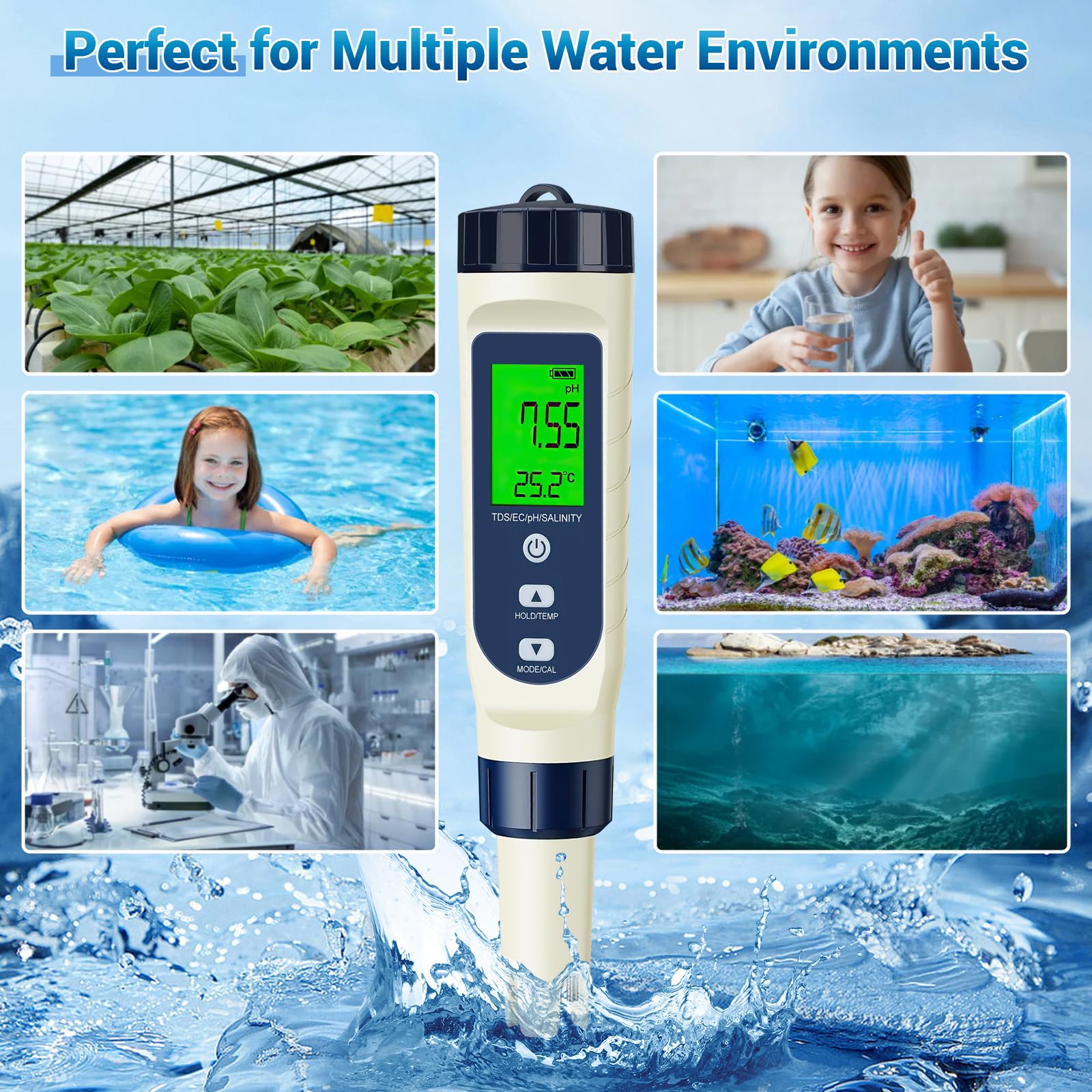 PH Mètre Électronique 5 en 1, PH/TDS/EC/Salinité/Thermomètre, Testeur de pH pour Piscine avec Écran LCD et Compensation Automatique de Température, Testeur d’Eau pour Piscines, Eau Potable, Hydroponie