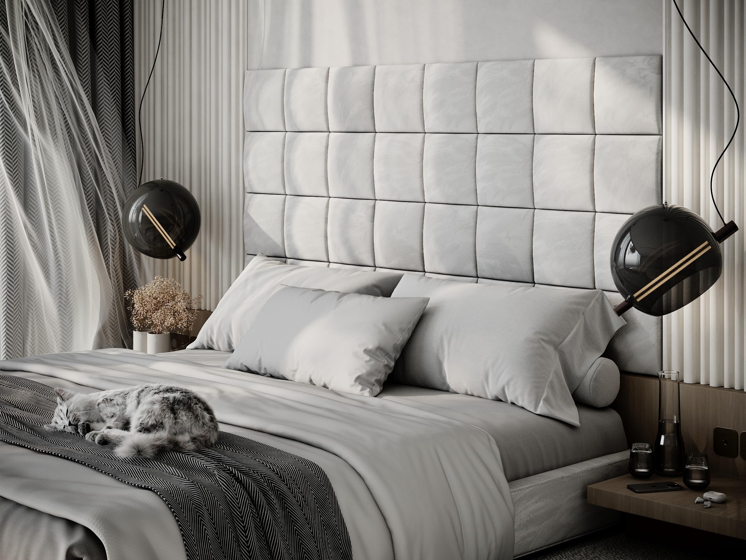 4 Pack — Upholstered Decorative Wall Panels Velvet Headboard Padding | Cushioned Planks | Padded Decor Collision Avoidance | Acoustic Soundproofing Treatment | (White, 4x Square (25x25cm))