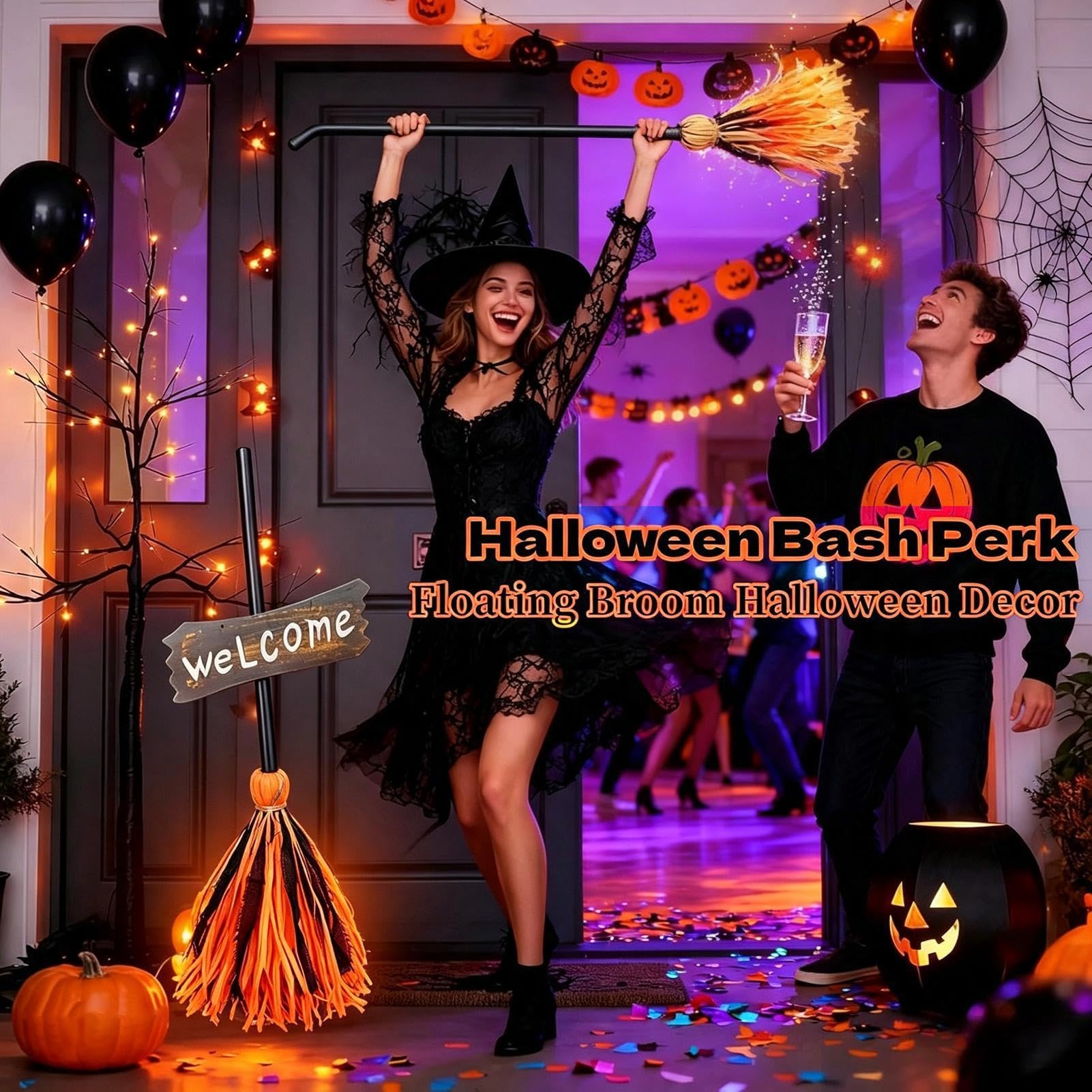 Halloween miotła pływający dźwięk aktywowany dotykiem upiorny taniec rekwizyt | Miotła czarownicy na imprezę kostium na zewnątrz wewnątrz ganek podwórko dom