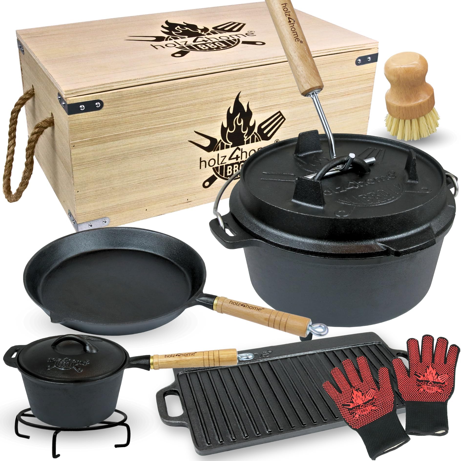 BBQ-TORO Set de Dutch Oven et boîte en Bois | en Fonte, déjà brûlée (7