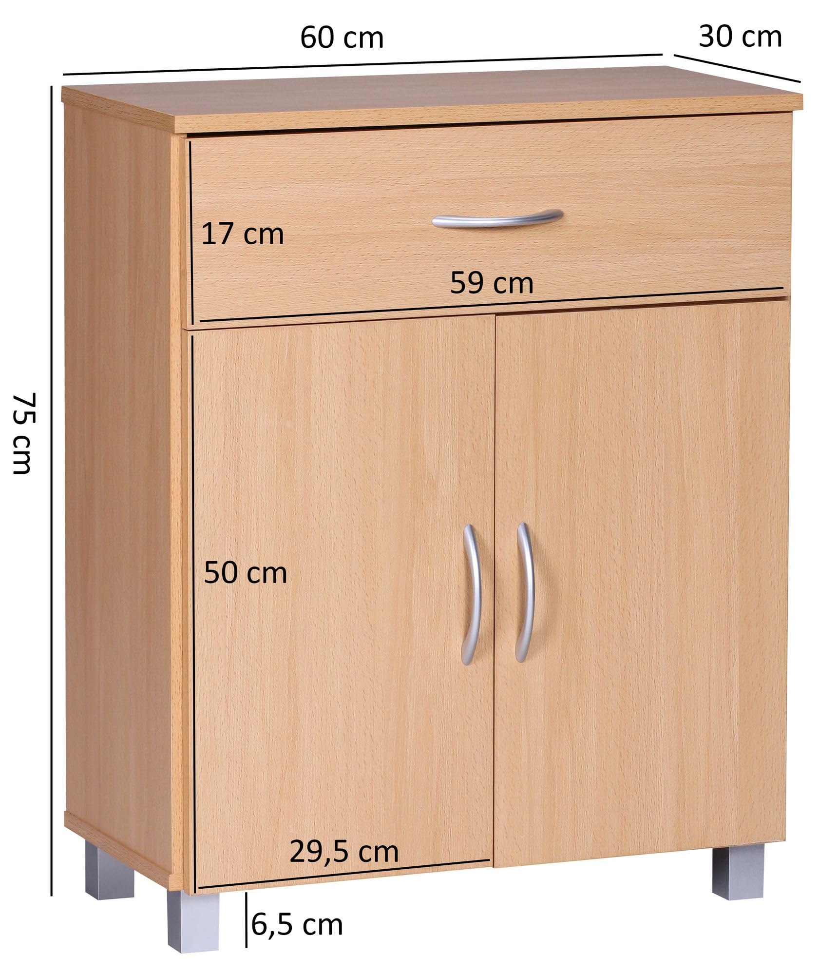 Sideboard Buche WL1.335 60x75x30cm Kommode mit Schublade und Türen | Kleine Moderne Anrichte Braun | Design Holz Schrank | Allzweckschrank mit Griffen