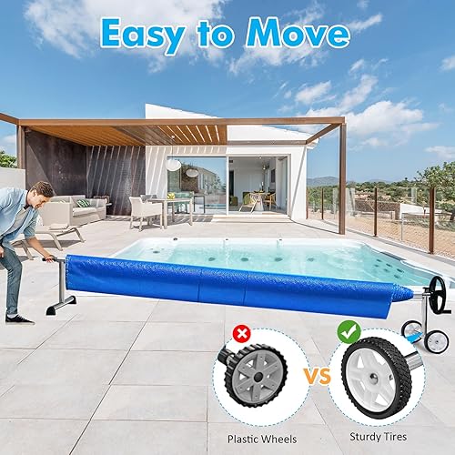 Miniatura 5 de Goplus Juego de carrete de cubierta de piscina de 22 pies, carrete de cubierta solar de aluminio ajustable con manivela y ruedas, cubierta solar