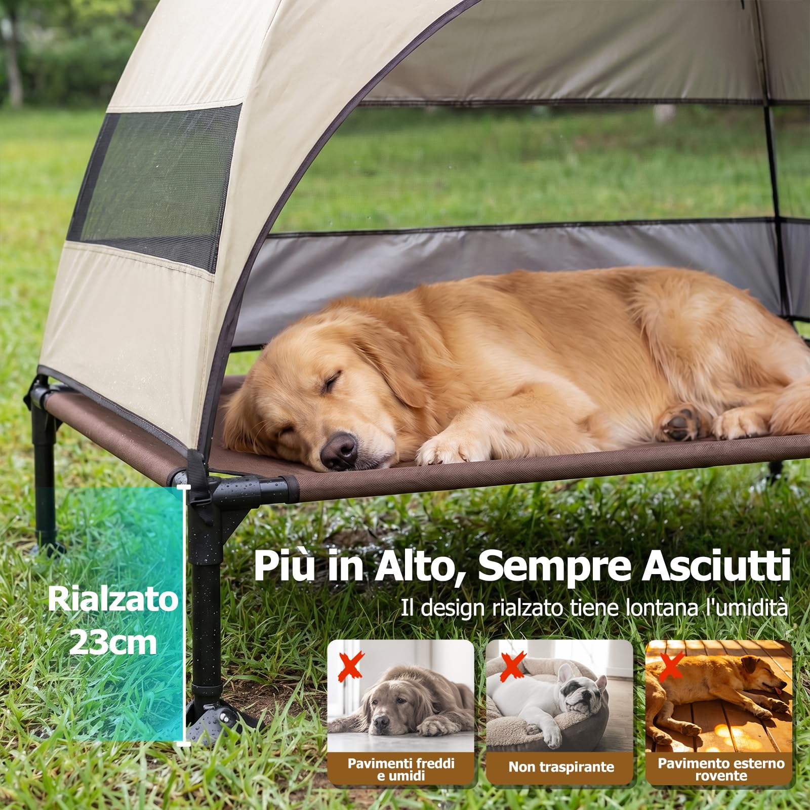 Cuccia rialzata per cani da esterno con tetto, pieghevole con piedini antiscivolo, tenda per cani da esterno con grande ombra, per il campeggio, il giardino, la spiaggia e la piscina (Cachi, L)