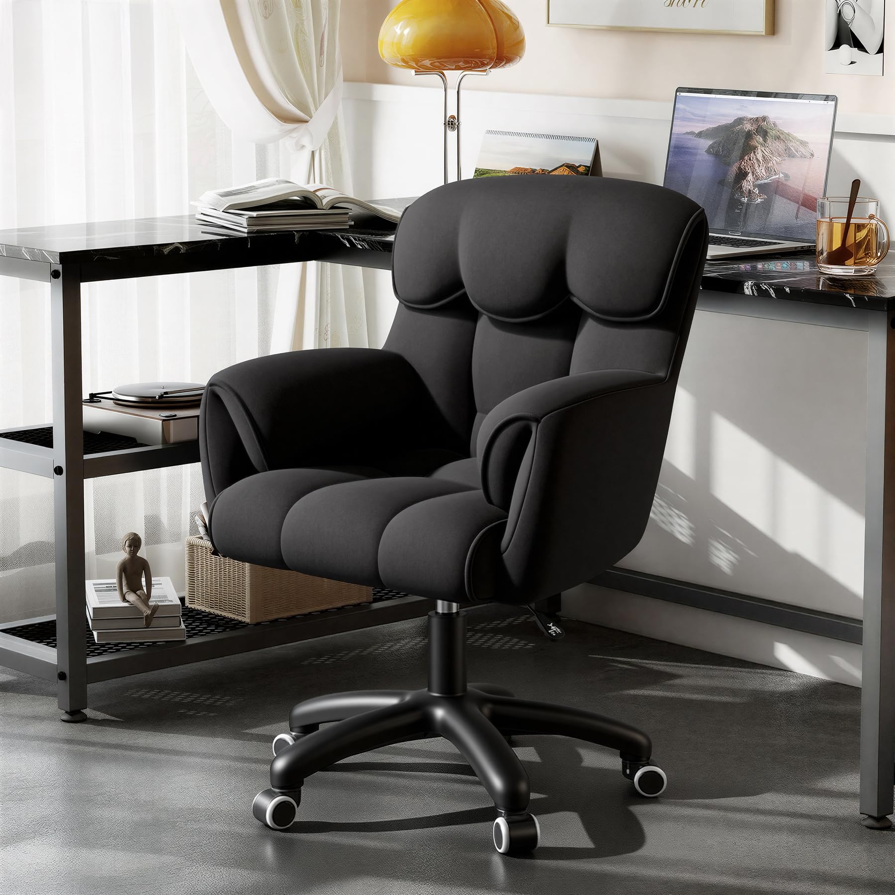 Ergonomischer Bürostuhl, Höhenverstellbarer Schreibtischstuhl mit Armlehnen, 360° Drehfunktion, Samtbezug, für Homeoffice und Büro, Belastbar bis 150 kg, Schwarz
