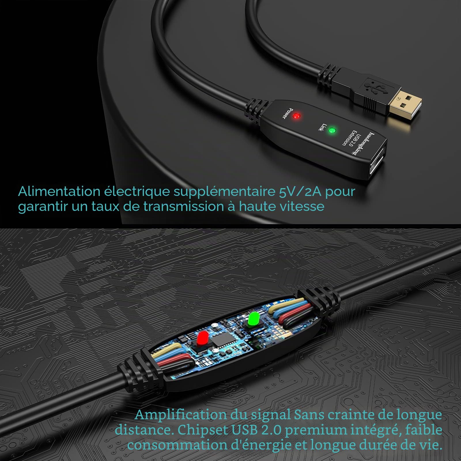 Rallonge USB 5 mètre, 10 mètre, 15 mètre, 20 mètre, USB 2.0 répéteur actif mâle A vers femelle A avec amplificateur de signal (15mètre)