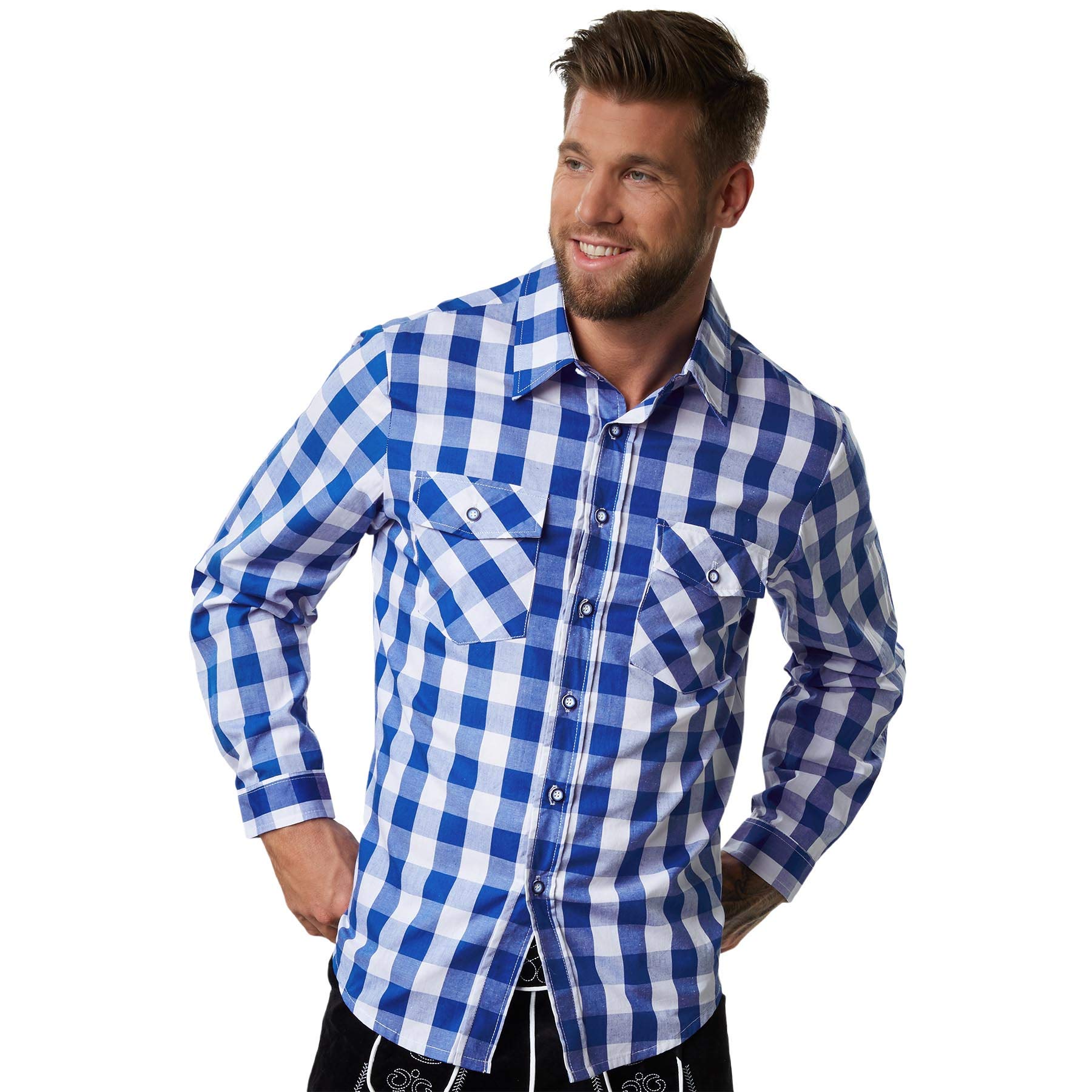 dressforfun Trachtenhemd Herren, Hemd Herren weiß blau kariert, Herrenhemden Langarm mit Knopfleiste & Brusttaschen, Herrenhemd, Trachtenshirt, Oktoberfest-Kleidung