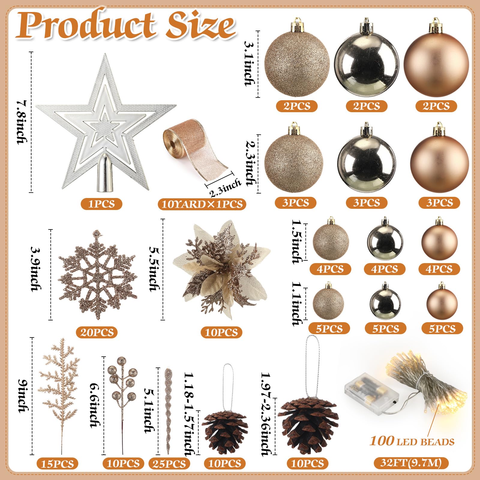 Canlierr Lot de 145 décorations de sapin de Noël avec guirlande lumineuse assorties incassables – Décorations à paillettes, poinsettia, flocons de neige, baies, tiges – Décoration pour sapin de Noël