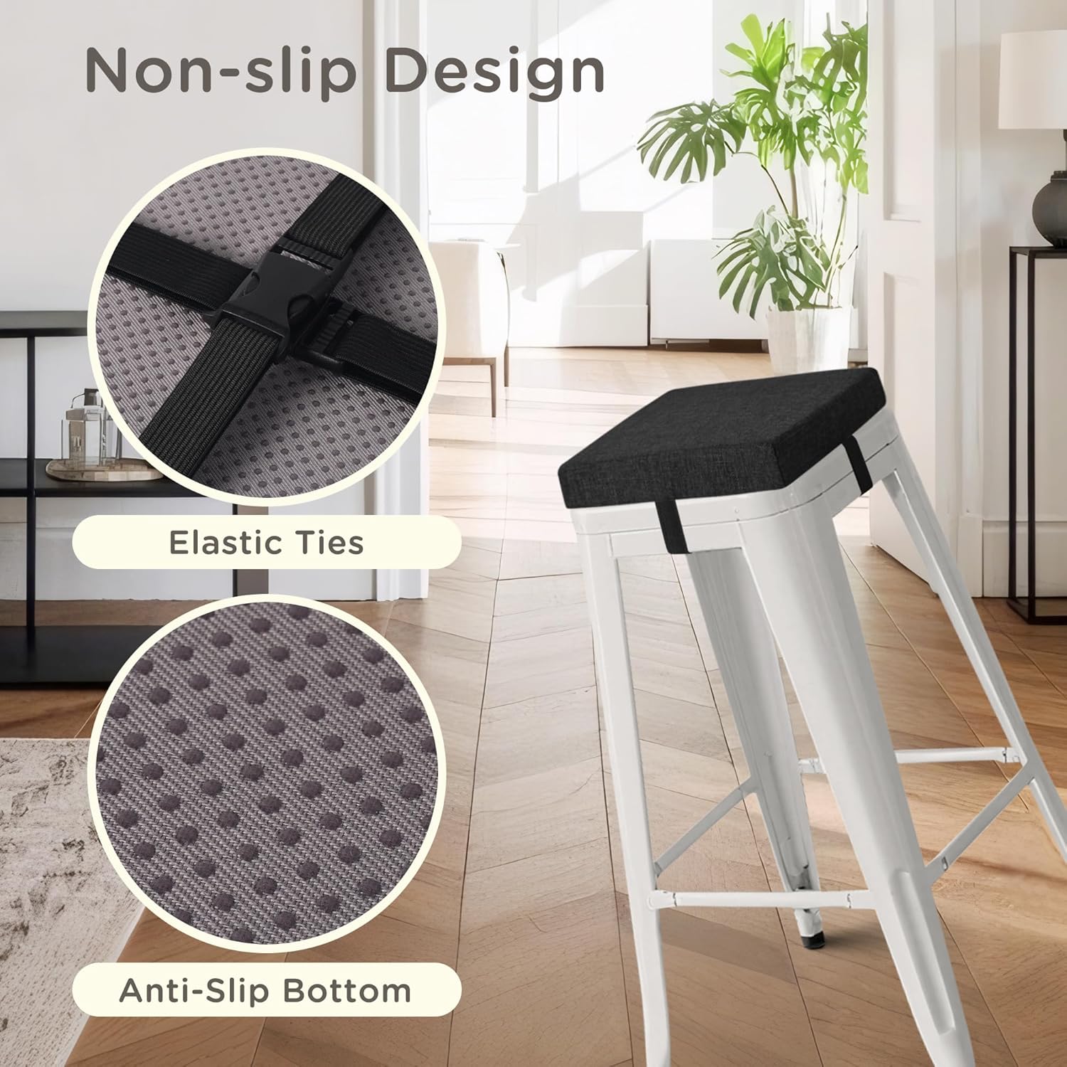 Bar Stool Cushions Set of 4 Square Stool Cushion Thick Non Slip Chair Pads with Ties and Washable Cover 12" X 12" Black - Image 4