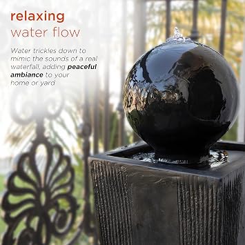 Alpine Corporation GIL786 Outdoor Floor Modern Sphere and Pedestal Soothing Waterfall Fountain for Garden 33, Black